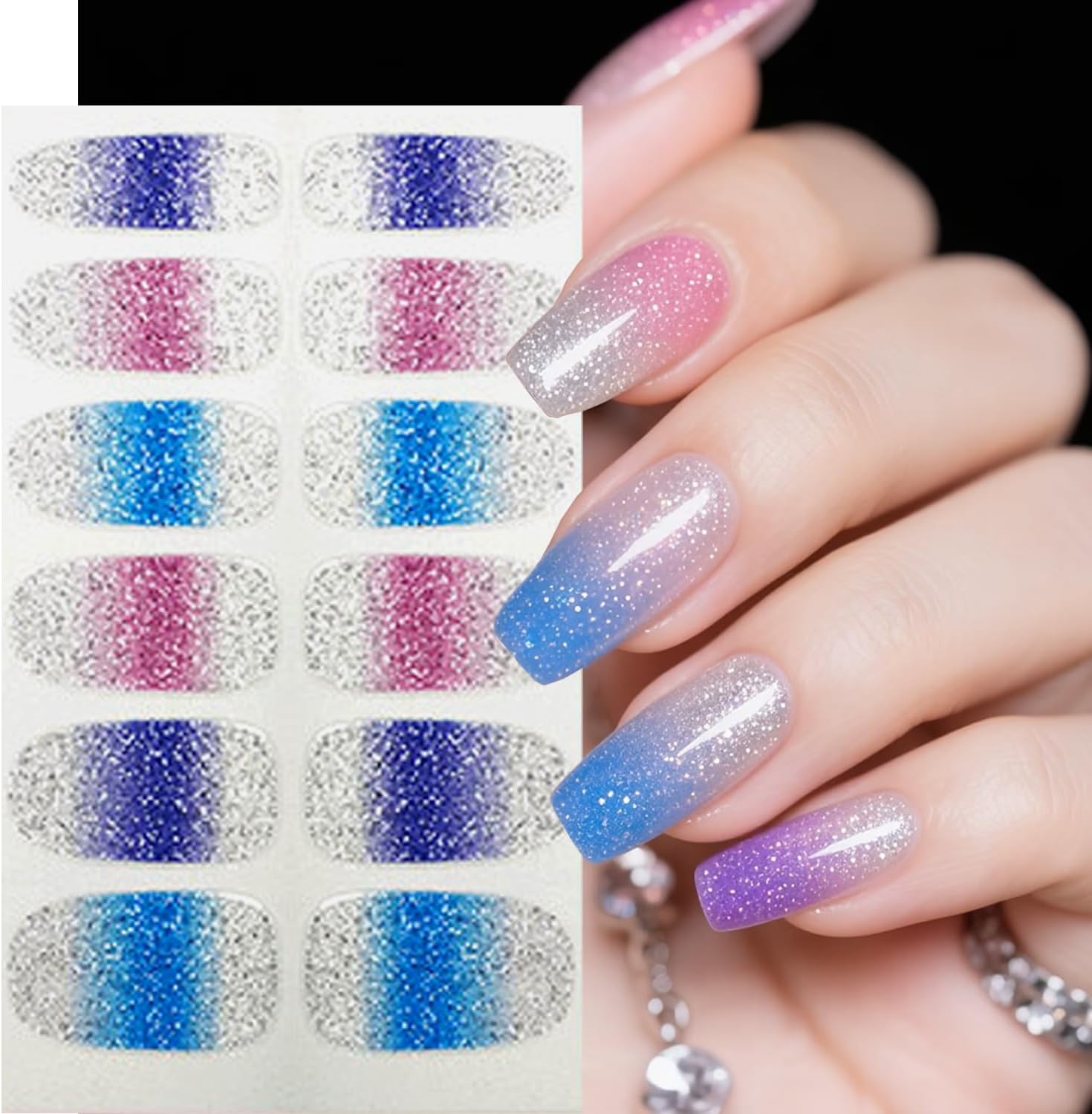 Glitter Gradient Full Nail Wraps Gel Nail Strips 4Sheets Full Cover Nails Wraps Gradient Silvery Pink Blue Self Adhesive Nails Polish Strips Stickers for Women DIY Manicure Nail Art Decorations