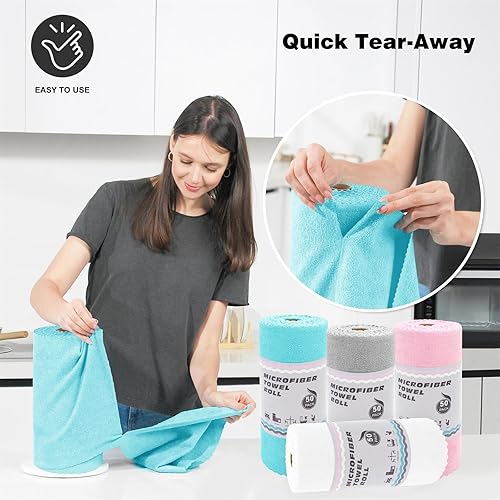 Miniatura 3 de Paquete de 50 toallas de papel reutilizables lavables, 12 x 12 pulgadas, rollo de toalla de microfibra súper absorbente para cocina, automóvil (azul