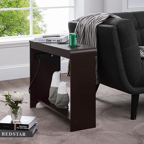 Jade - Mesita de noche moderna con estación de carga, mesa auxiliar con puertos USB y tomas de corriente, mesa auxiliar estrecha para dormitorio y