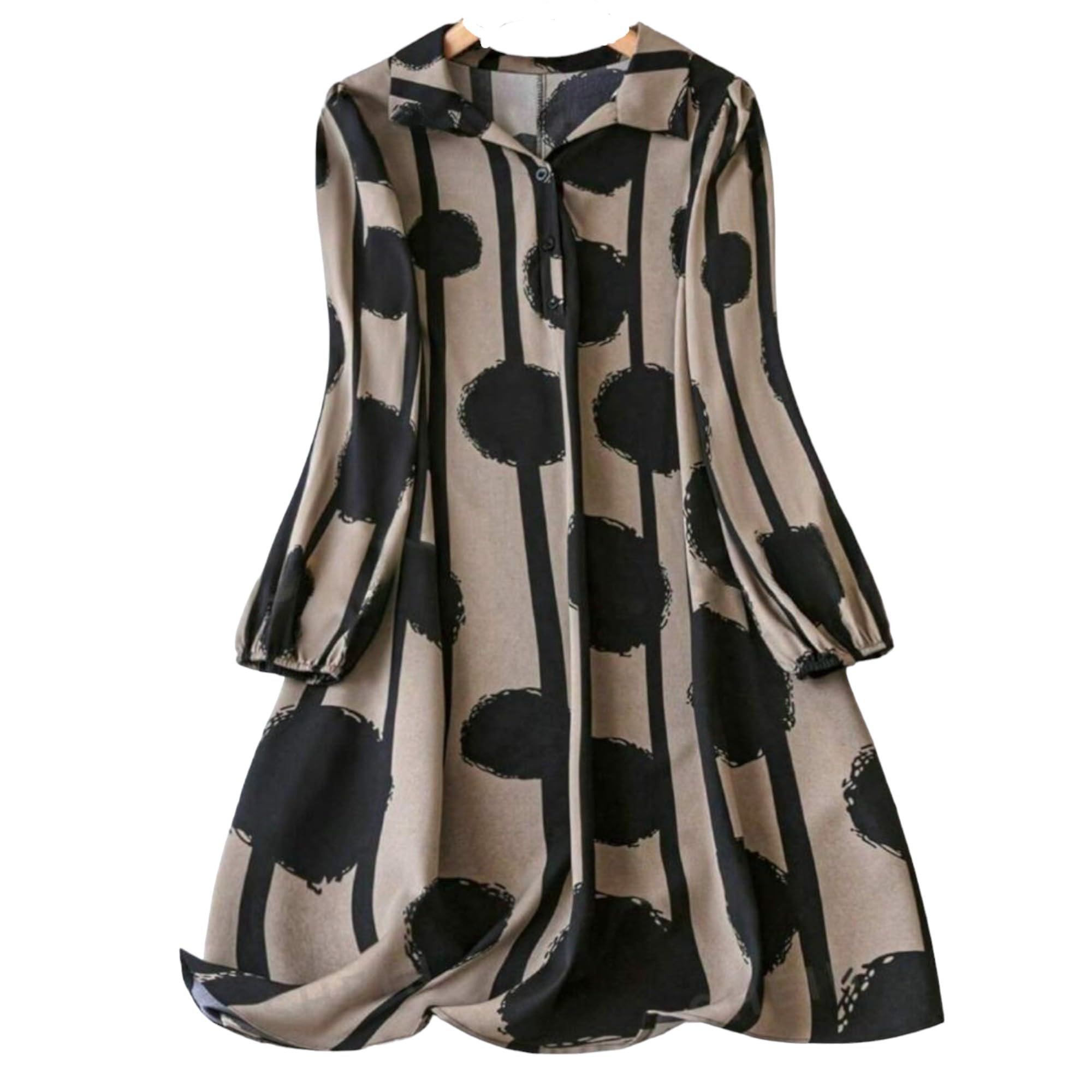 Women's Full Sleeve Collar Neck Dress - Elegant Button-Down Midi Dress with Abstract Print