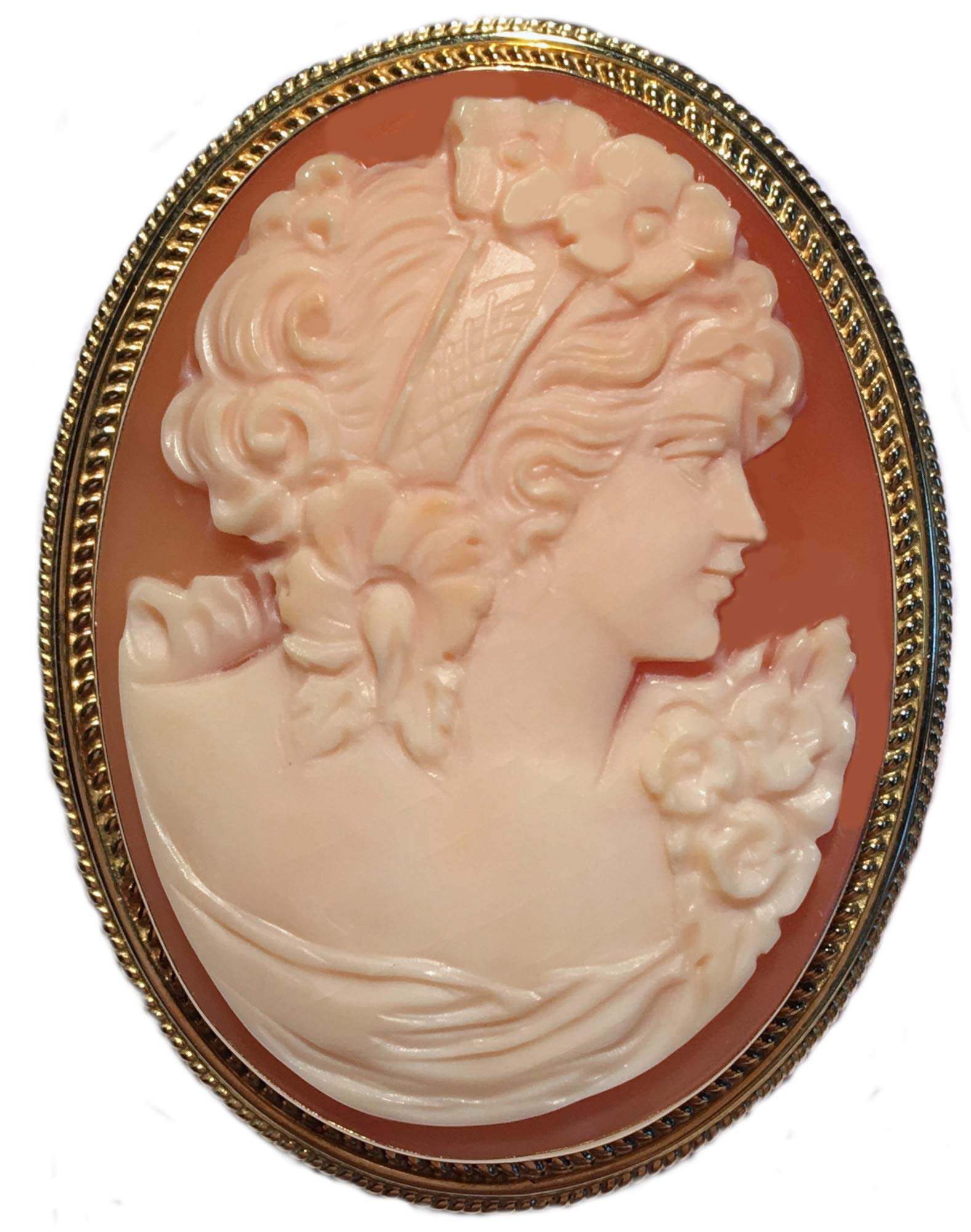 Cameo Brooch and Pendant Master Carved Summer Dream Carnelian Shell Solid 18k Yellow Gold Frame Italian