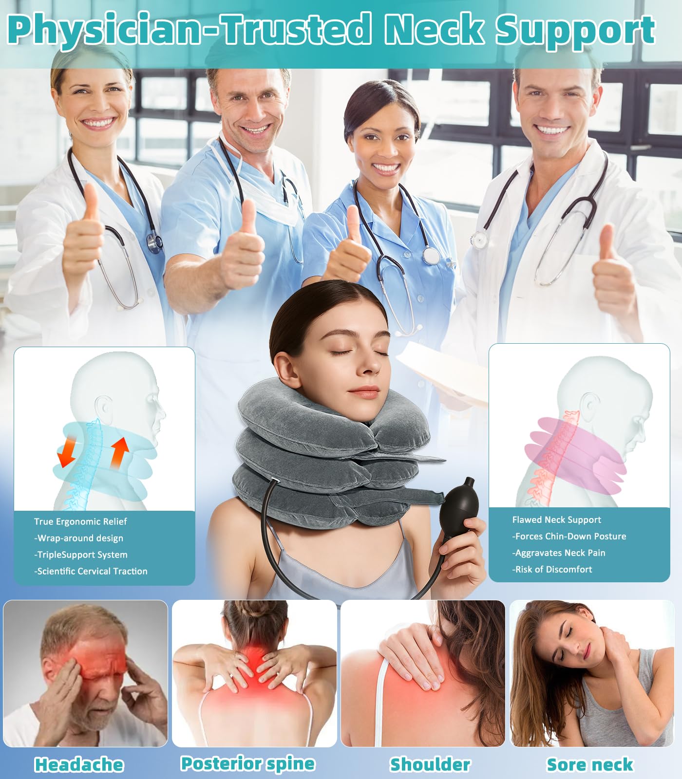 Coussin Cervical Gonflable - Extenseur de Cou réglable pour soulager la Douleur - Coussin de Nuque Ergonomique Portable avec Pompe à air - pour la Maison et Les Voyages - Gris