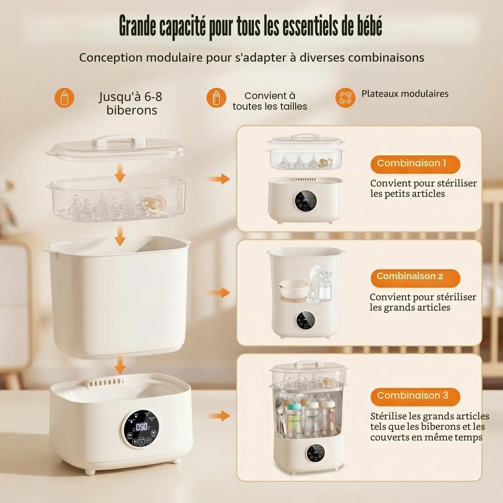 Stérilisateur et séchoir pour biberons, stérilisateur électrique 4 en 1 pour biberons, accessoires de tire-lait, tétine, grande capacité pour 5 à 8 bouteilles, arrêt automatique