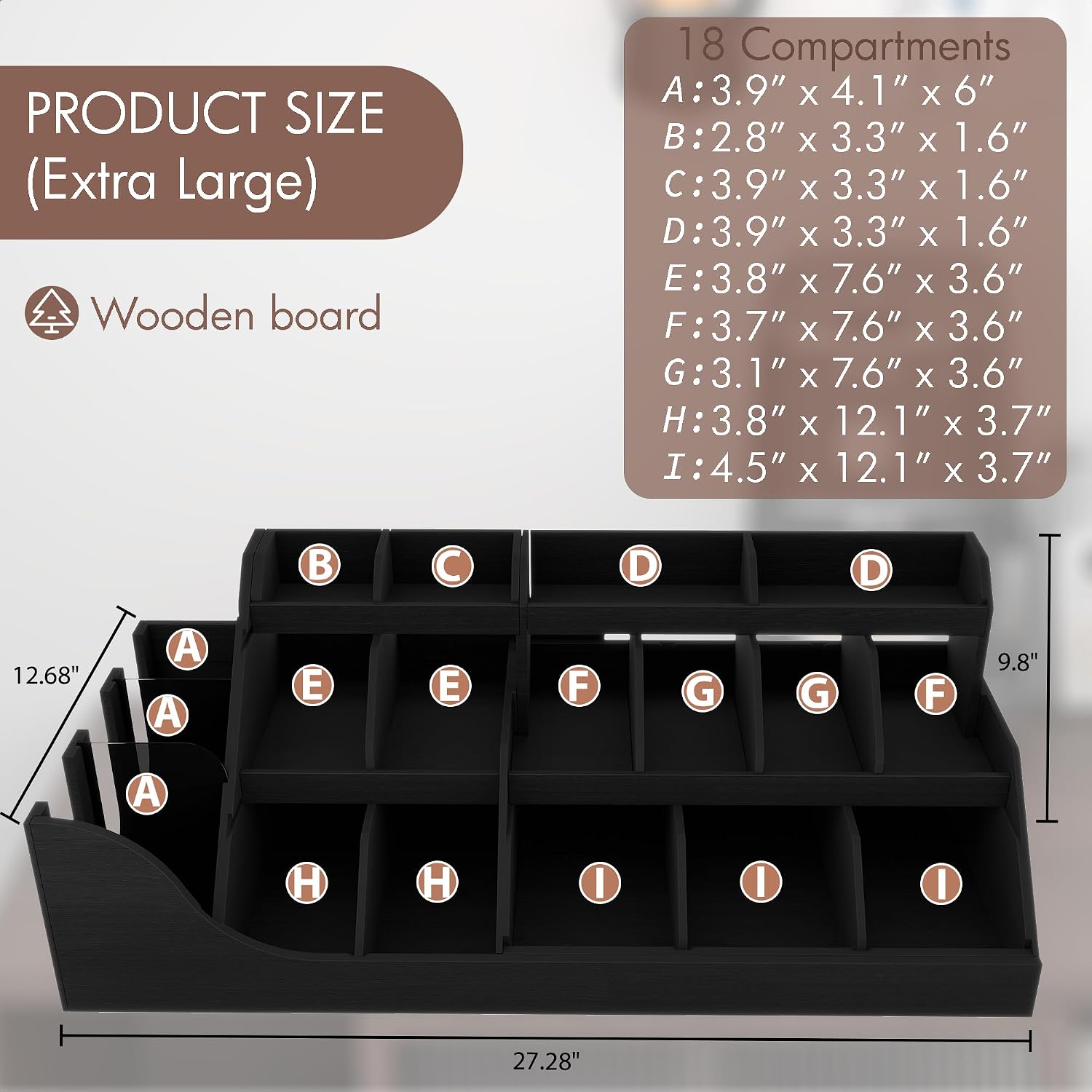 Suli Exact Large Coffee Station Organizer,Wooden Countertop Pods Holder with Drawer,Storage for Condiment Syrup Tea Cups,Rustic Bar Decor for Accessories Organizer (3 Tiers 18 Compartments)-Black