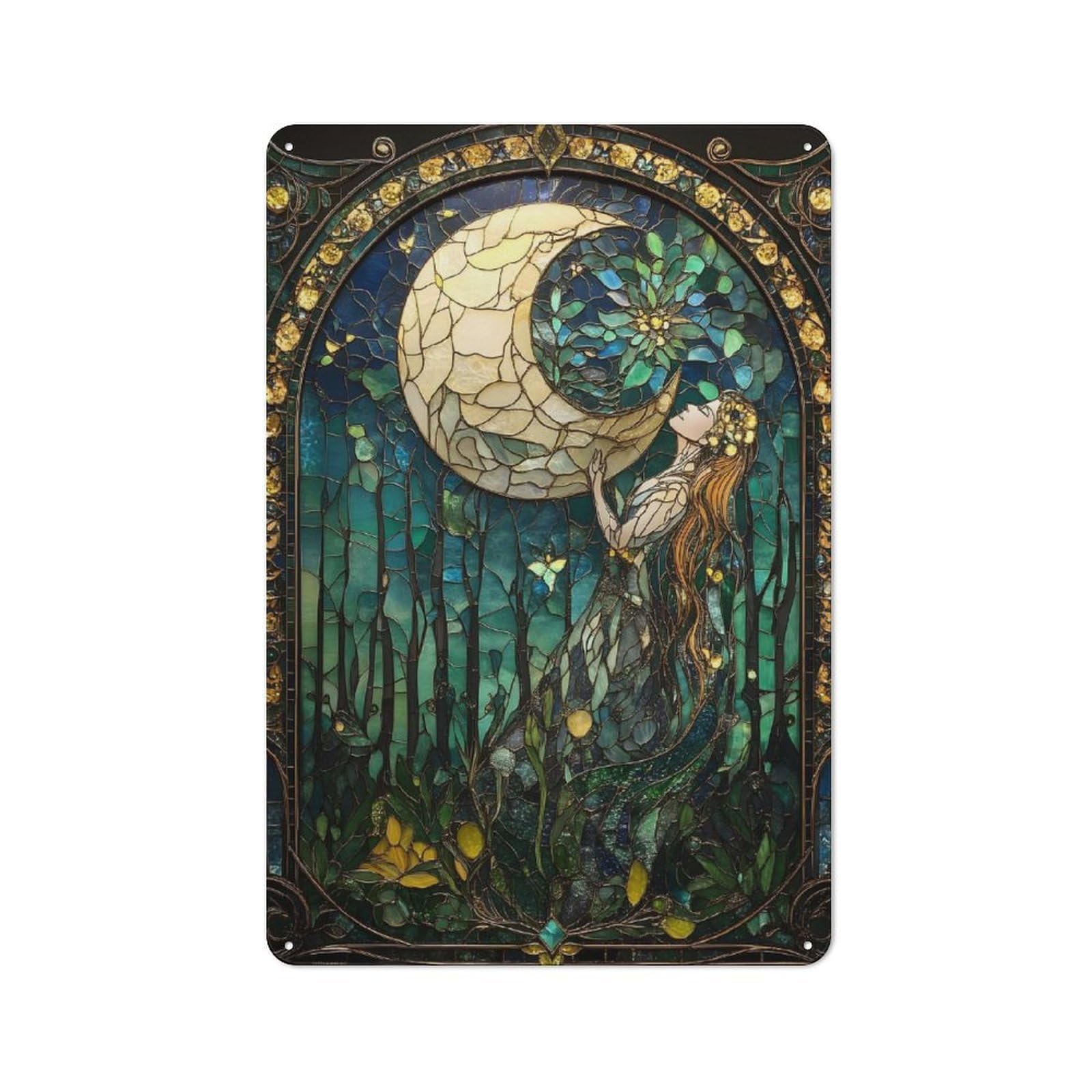 Junmoney Style-5 Stained Glass Moon & Woman Printed Metal Sign 30X20cm For Lounge Or Reading Corner, A Winter Wall Decor Update For Reading Corner Decorators