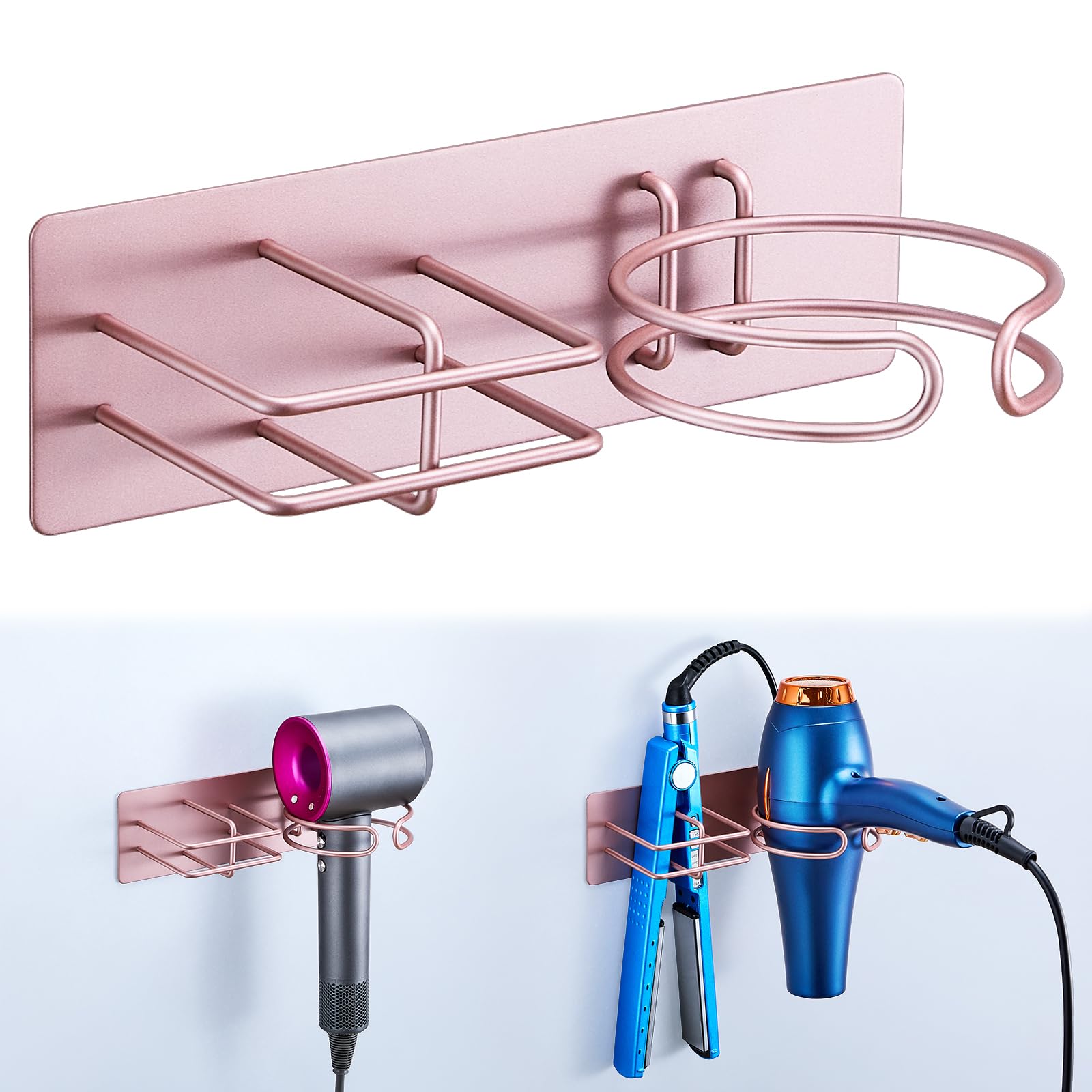 XILIMEN Hair Dryer and Straightener Holder Wall Mounted, Self Adhesive Metal Blow Dryer and Flat Iron Curler Storage Organiser Stand for Dressing Table Bathroom (Rose Gold)