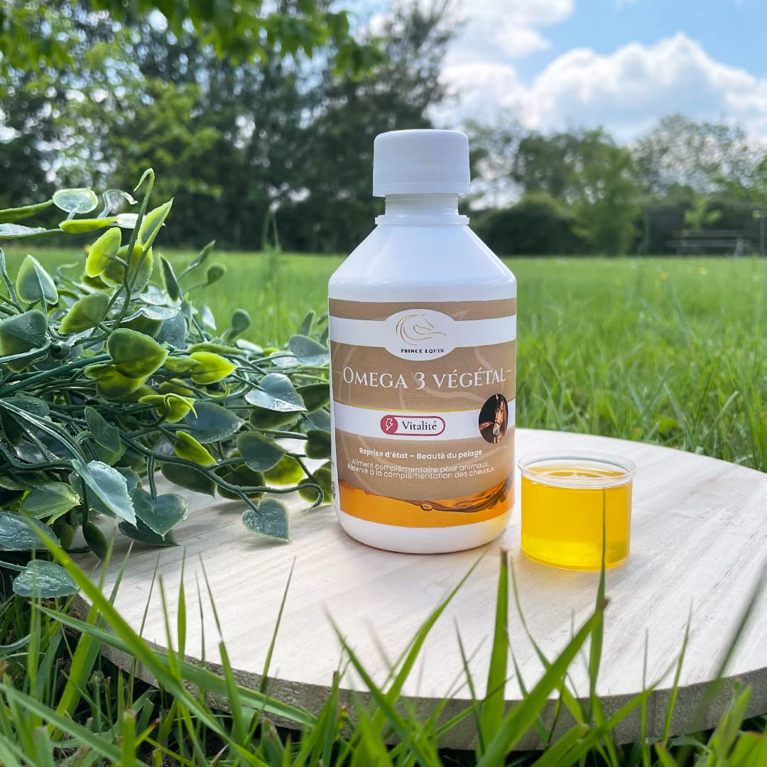 OMEGA 3 VEGETAL - Complément nutritionnel Cheval - Huile de lin et Huile d'algue riches en oméga 3 - Flacon 250 ml - Reprise d'état chevaux - Brillance de la robe - Marque Française