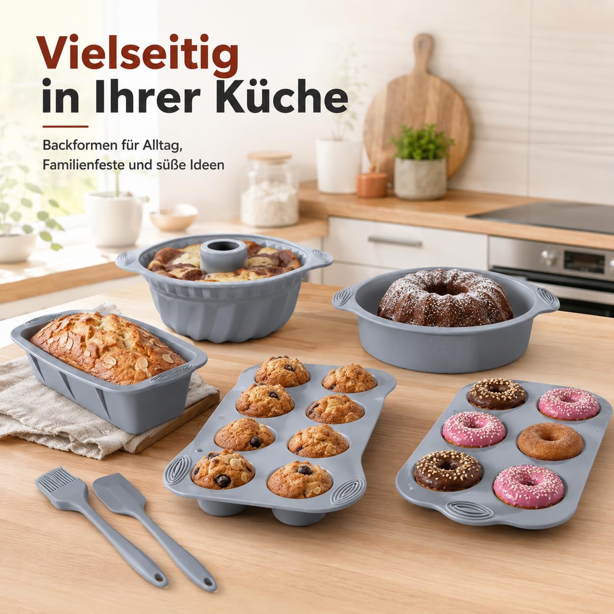 Silikon Backformen Set, 8 Stück Silikon Backform Gugelhupf Brotbackform Kuchenform Muffinform, Springform Backform mit Teigschaber und Backpinsel Für Backen Brot Toast Kuchen Cupcake Muffin