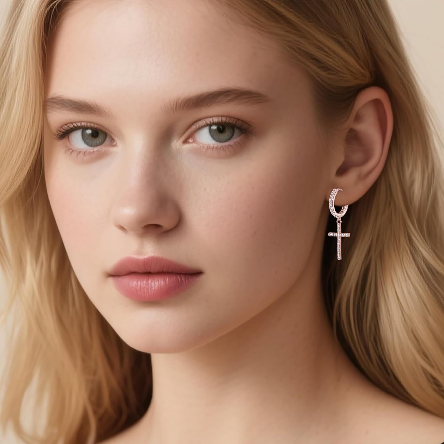 Reffeer Solid 925 Sterling Silver CZ Cross Dangle Earrings for Women Teen Girls Cross Dangle Hoop Earrings Huggie Drop Earrings - Image 2