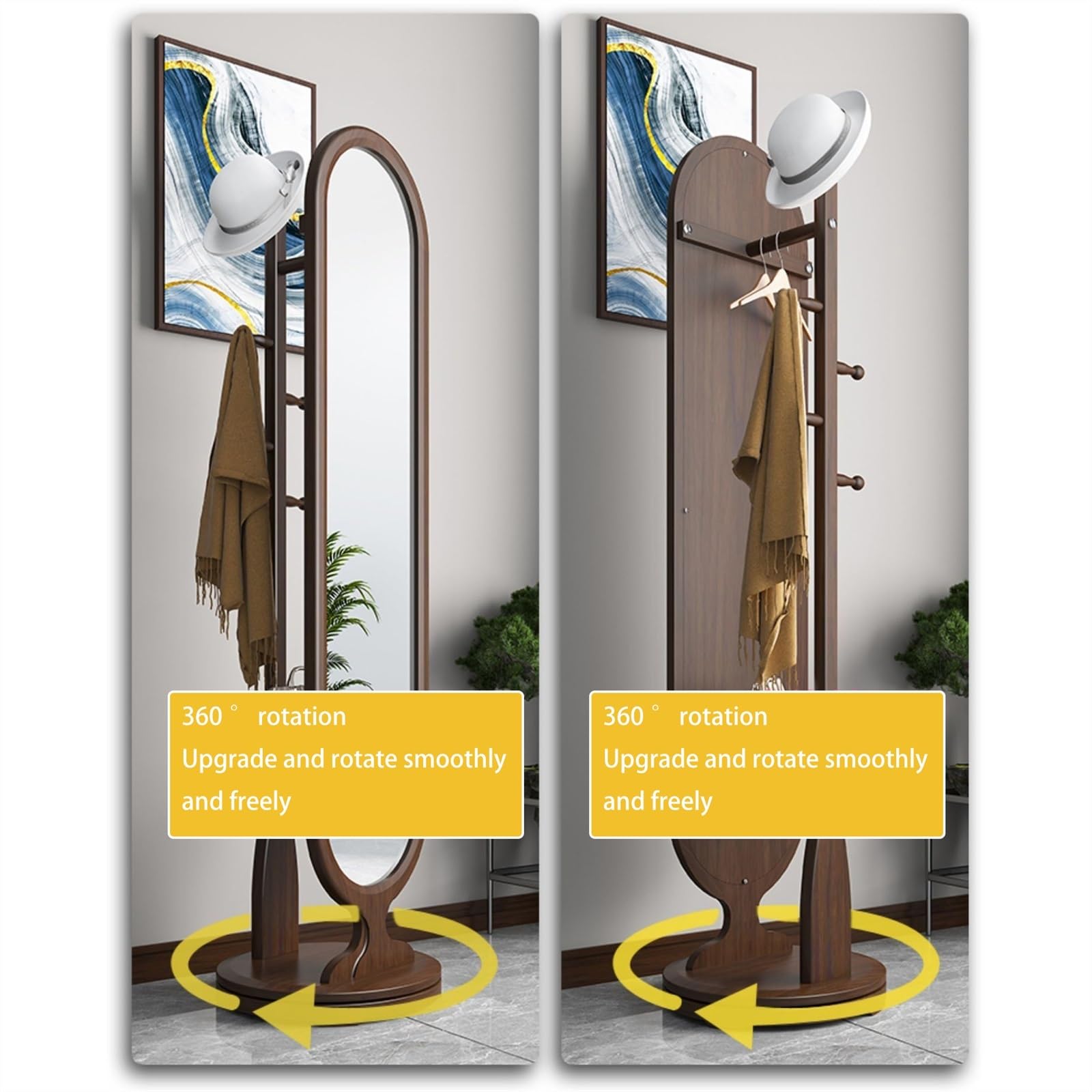 Miroir Pleine Longueur Miroir de Dressing Tout en Bois Massif, Porte-Manteau Multifonctionnel Rotatif sur Pied intégré, Nouveau Porte-vêtements Chambre à Coucher Style Chinois
