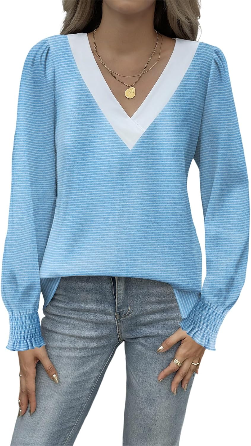 Yousify Women V Neck Striped Shirt Puff Ruffle Trim Long Sleeve Tunics Fall Basic Work Tops Casual Fleece Thermal Shirts - Image 3