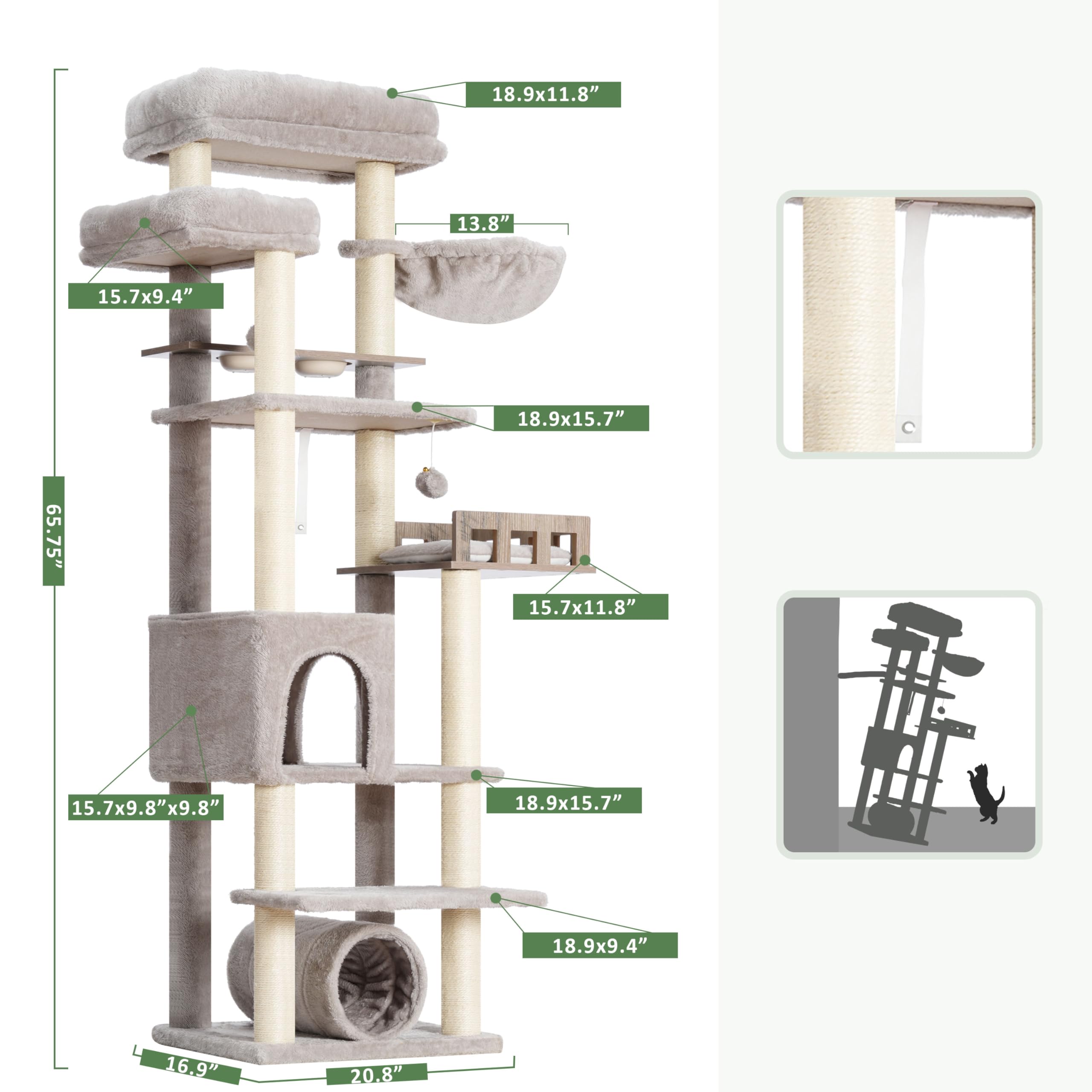 Gitelsnour Arbre à Chat avec Station d’Alimentation et Plateforme en Bois, Arbre de 167 cm avec Tunnel et Niche pour Chat, 11 poteaux à griffer en sisal, Plateforme supérieure, Gris Clair GCT021W