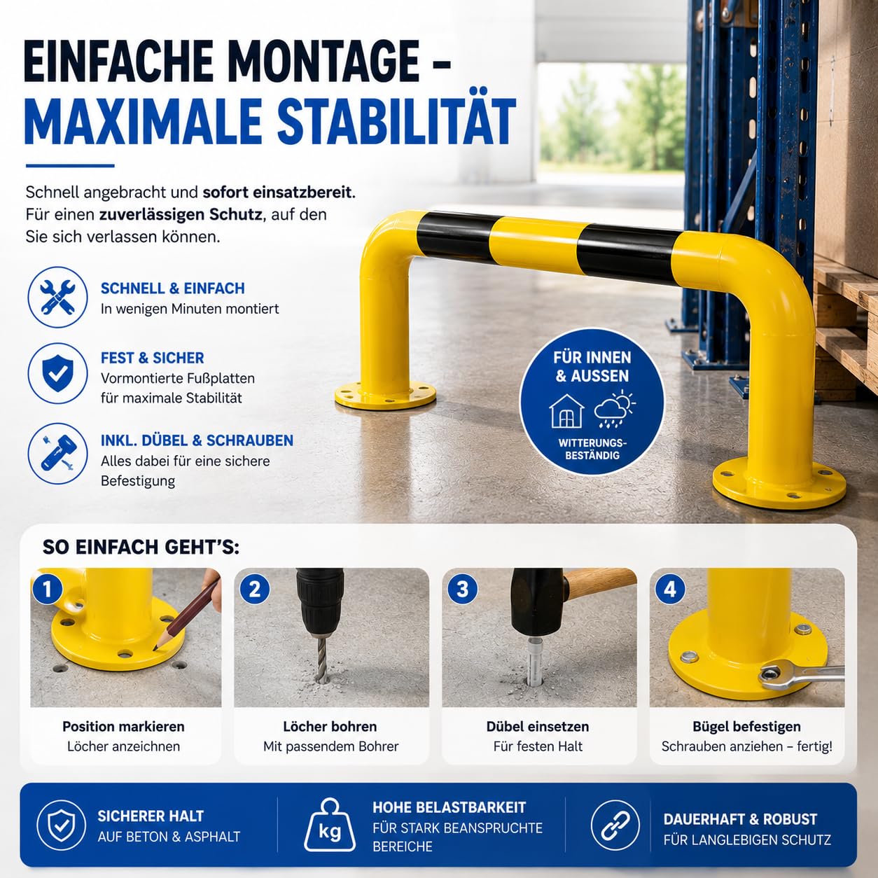 Staffa di protezione del ramm, 100 cm, massima protezione per magazzini e vialetti, angoli di protezione stabile in acciaio per scaffali, scaffali alati, cortili e garage (archetto 100 cm)