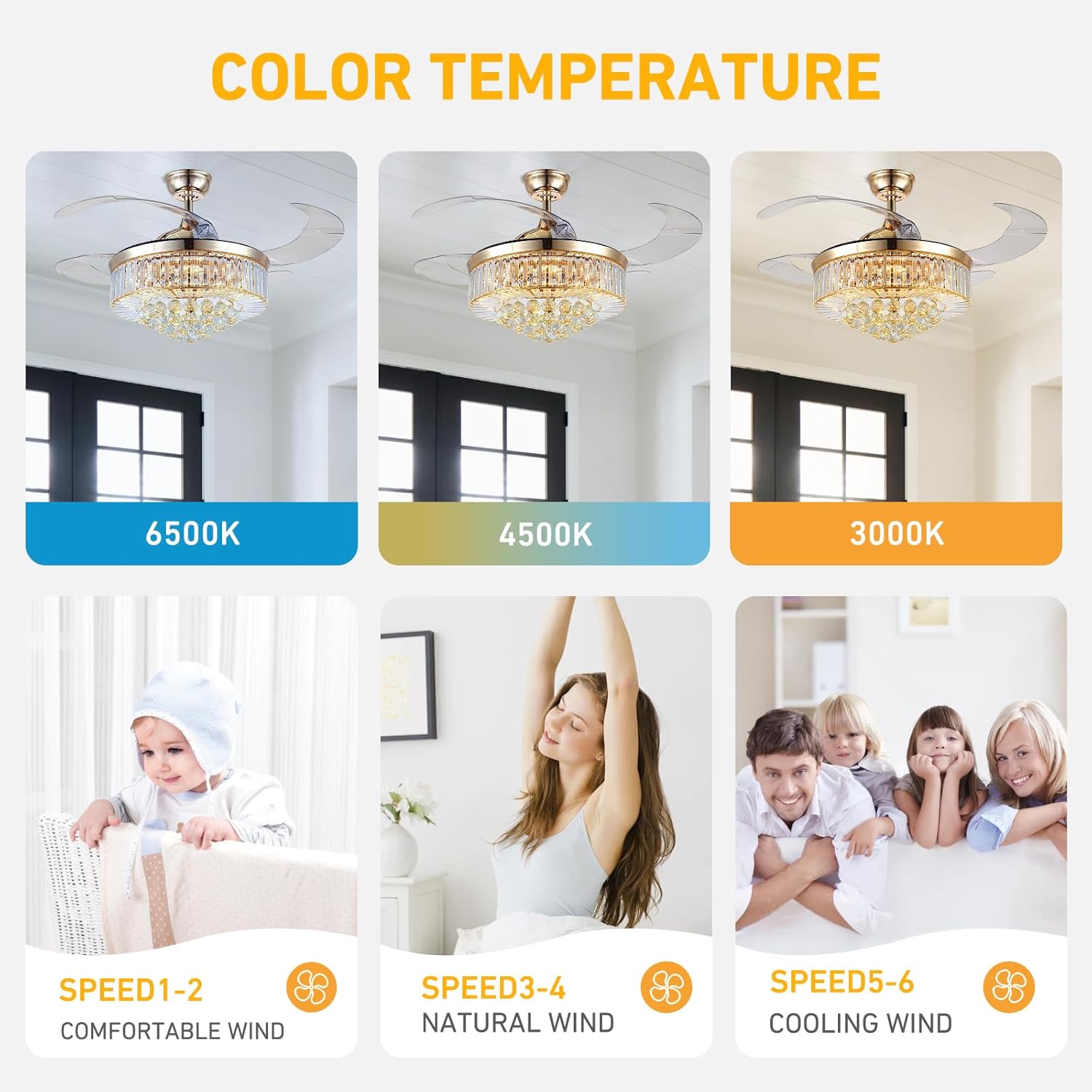 42'' Fandelier Ceiling Fans with Lights and Remote,Gold Semi Flush Mount Fan Light,Low Profile Ceiling Fans,Retractable Crystal Chandelier Fan（Gold）