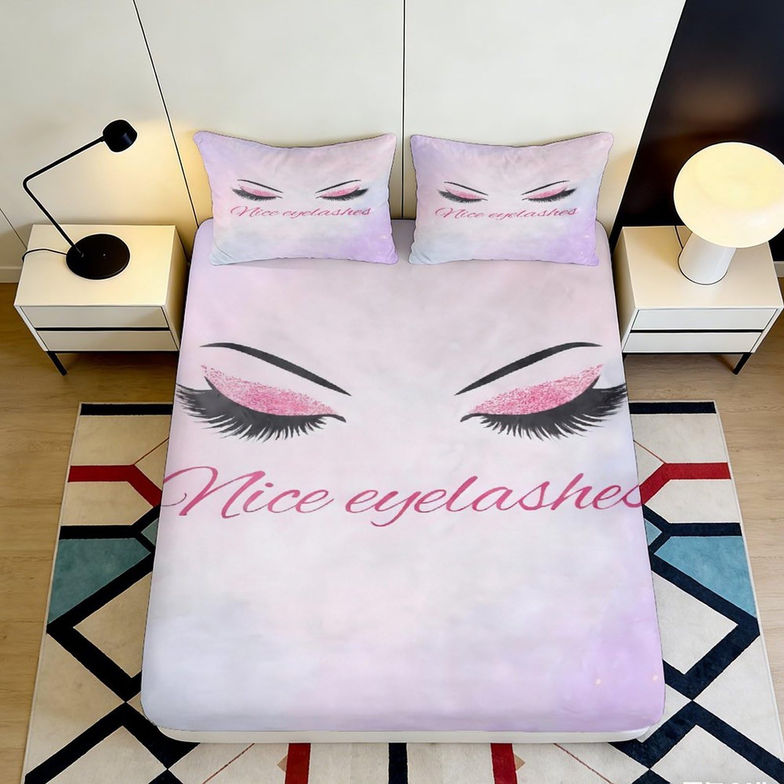 3D Printed Eyelash Style Fitted Sheet Microfiber Deep Pocket Non-Slip Bedroom Eyelash Mattress Fitted Cover Washable for Home 200x200x25cm