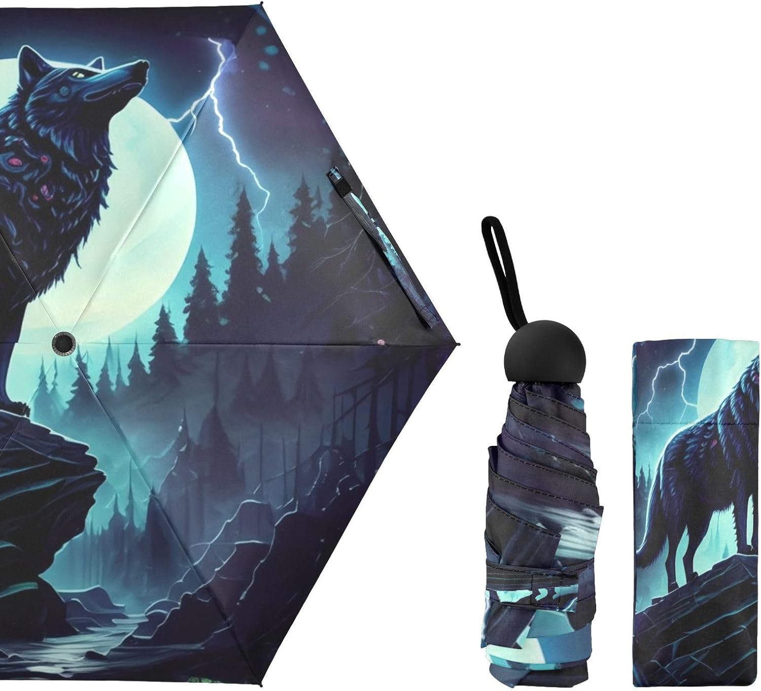 Black Wolf Umbrella, Lightweight Durable Umbrella for Sun for Women, Travel Umbrellas for Sun