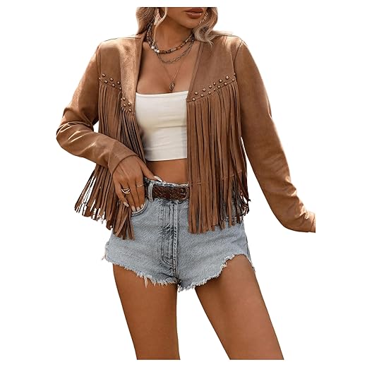 SOLY HUX Women's Faux Suede Fringe Trim Long Sleeve Open Front Cardigan Jacket Western Concert Outfits