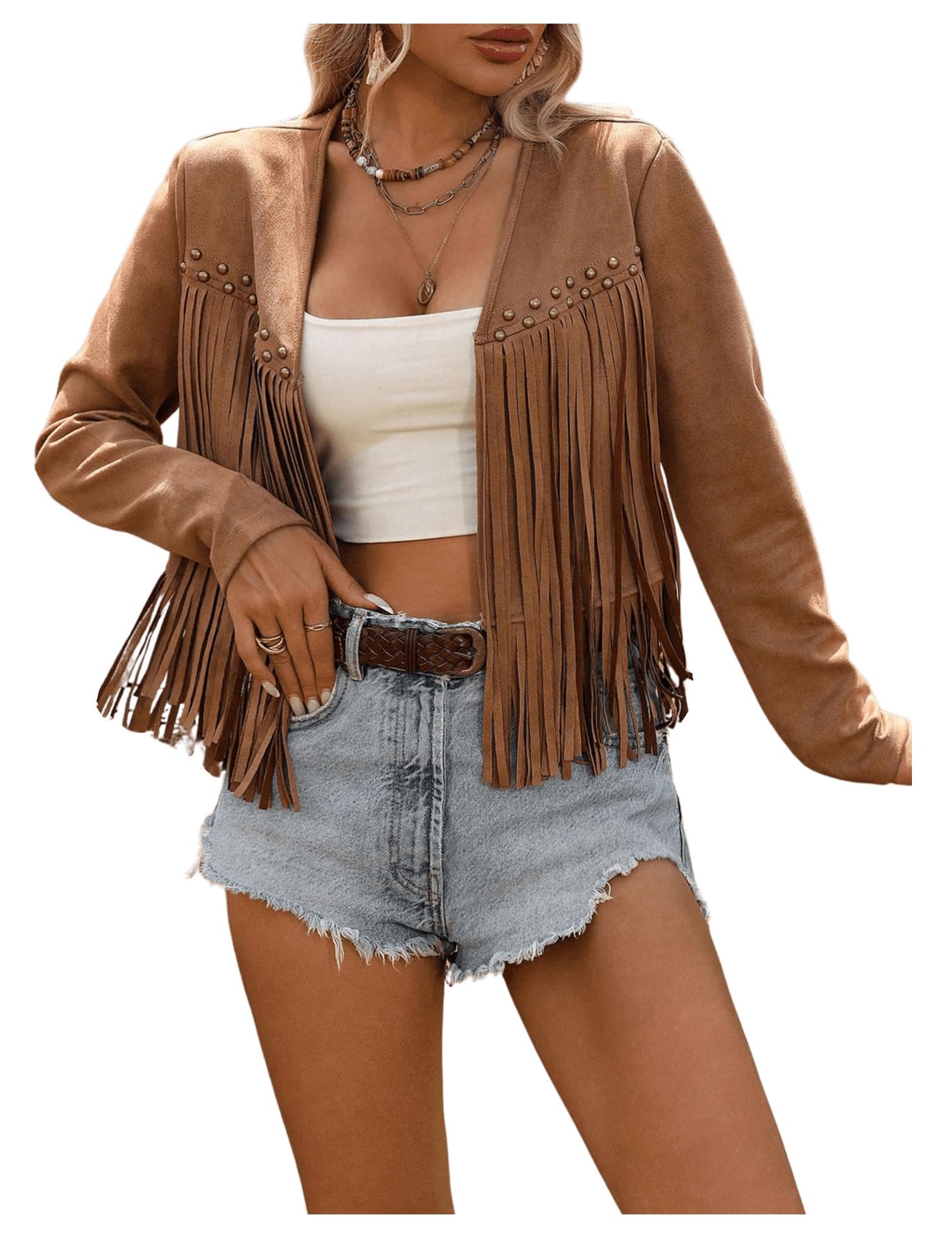 soly hux Women's Faux Suede Fringe Trim Long Sleeve Open Front Cardigan Jacket Western Concert Outfits-picture-13