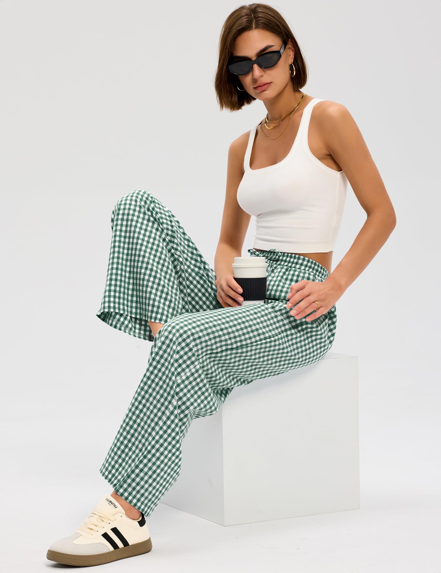 Rapbin Pantaloni pigiama da donna a righe a quadretti casual loungewear estate 2026 gamba larga pantaloni Y2k con tasca