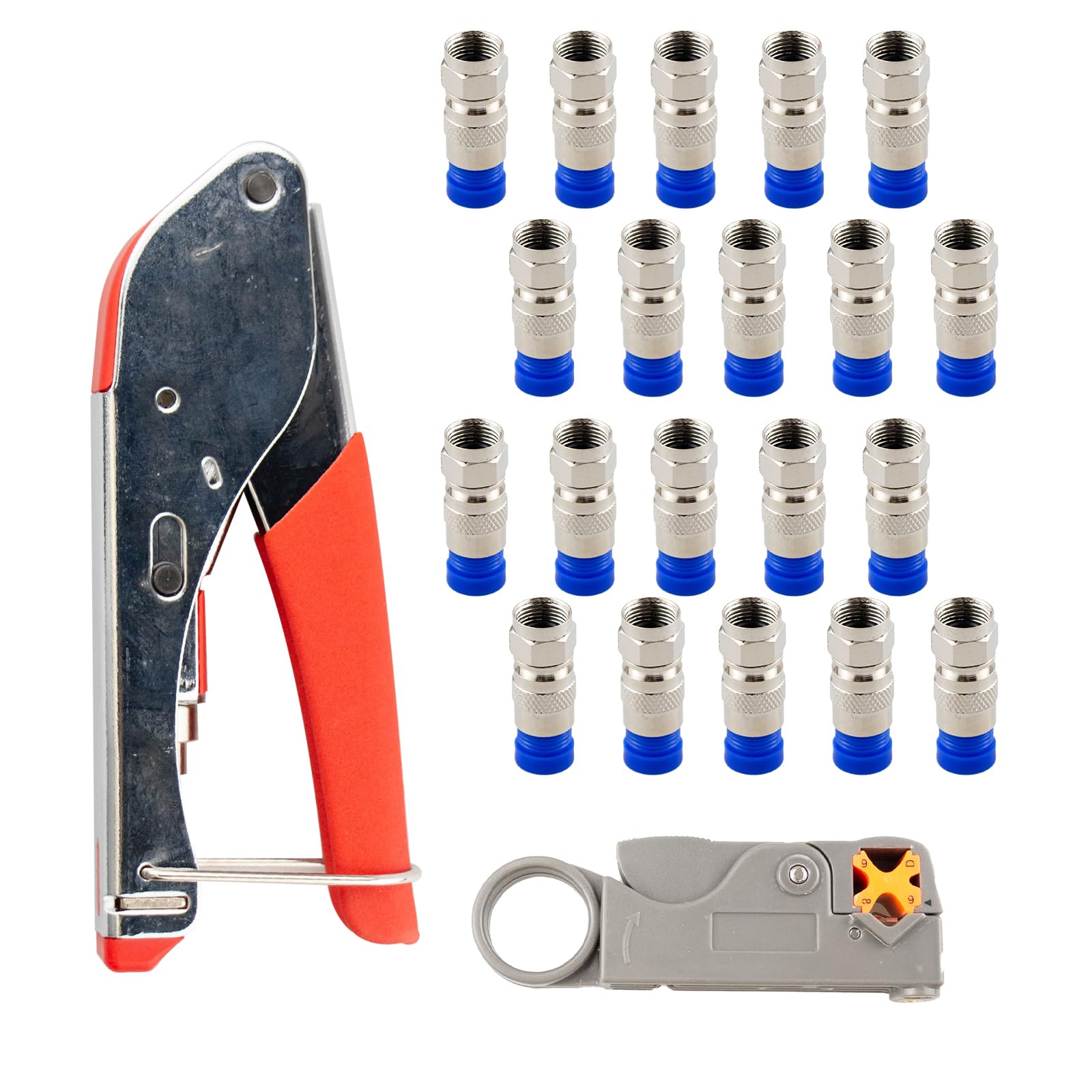 Kit Crimpatrice Per Cavo Coassiale Con 20 Connettori F E Spellafili - Per RG6, RG59, RG58 - Attrezzi Professionali