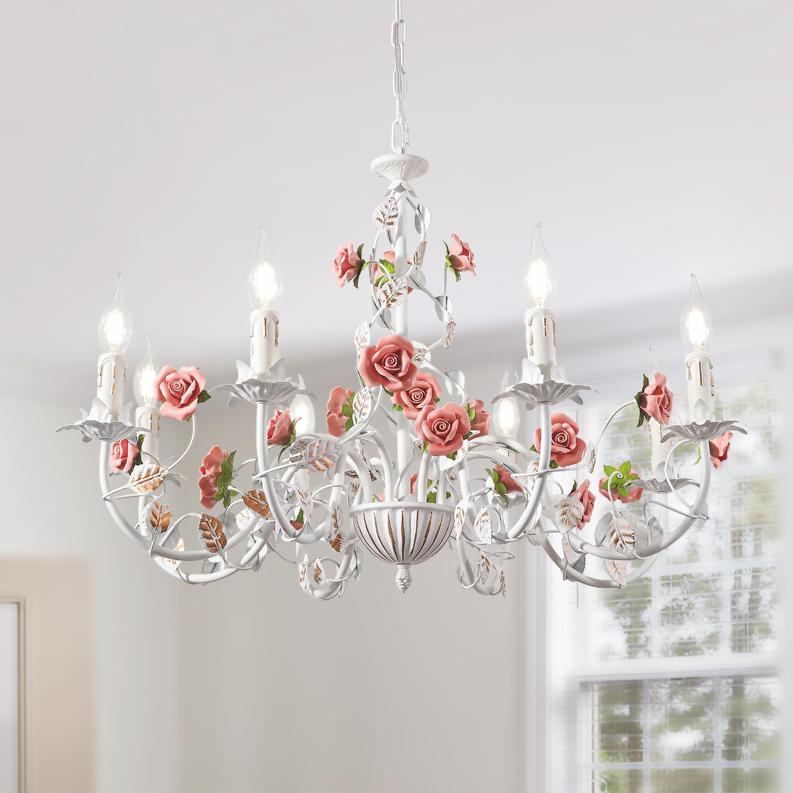 Blumen Kronleuchter Vintage,Weiße Metall Esstisch Lampe Mit Rosa Keramikrose,Französischer E14 Kerzen Pendelleuchte FüR Wohnzimmer Schlafzimmer Landhaus MäDchenzimmer KüChe,8 Köpfe