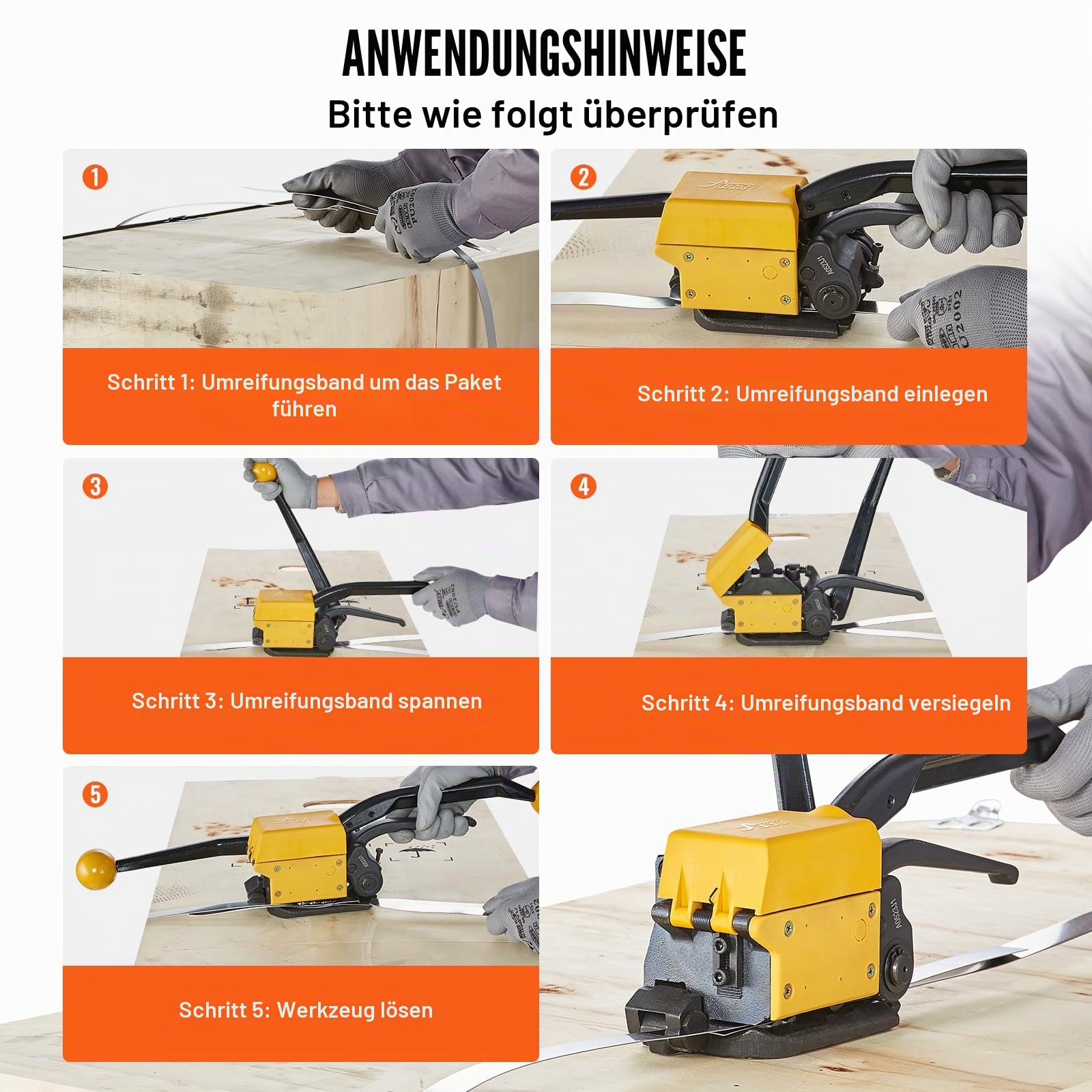 VEVOR Stahl-Umreifungsgerät 1/2"-3/4" Breite 3-in-1 Spanner Crimper Cutter manuelle Banderoliermaschine