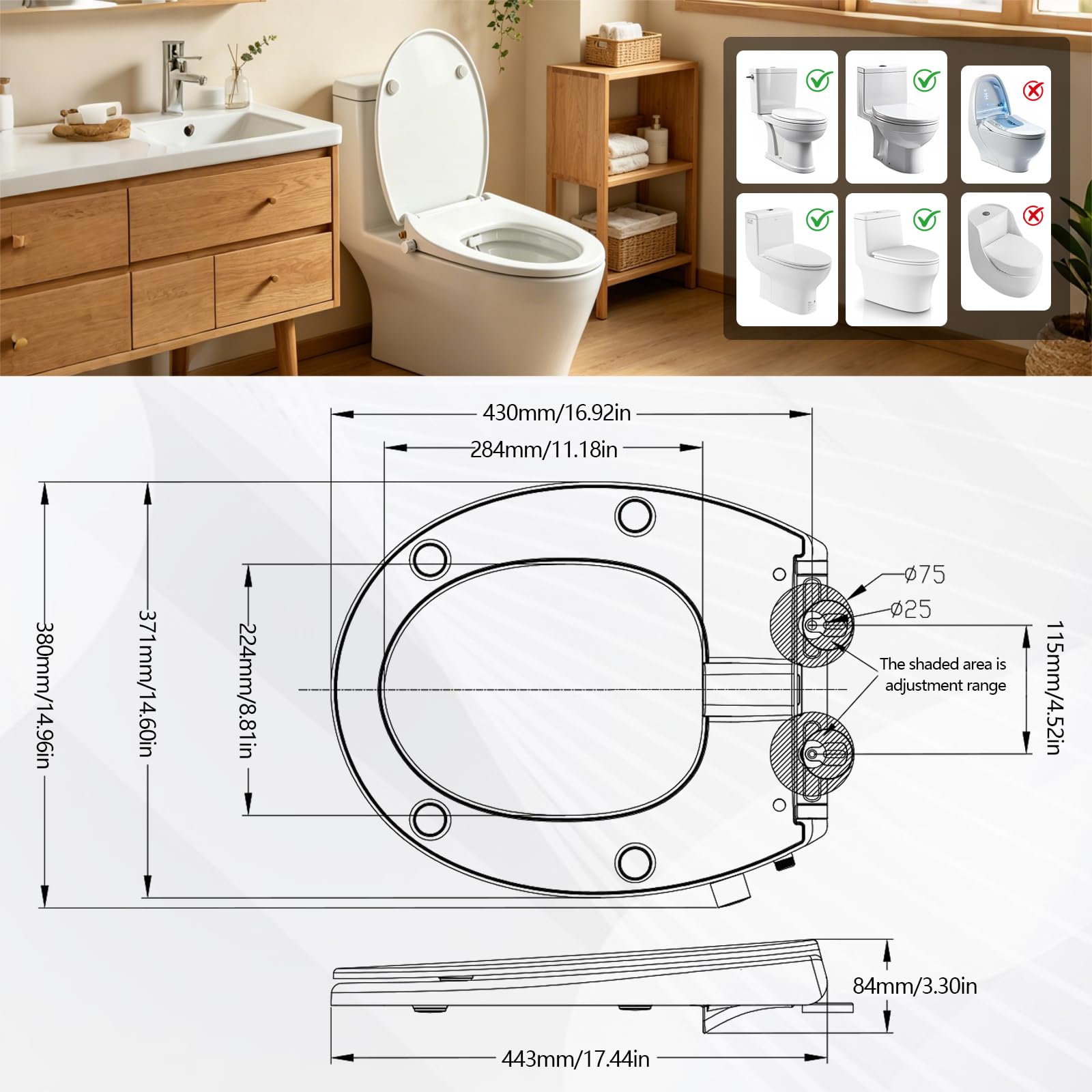 Abattant WC Japonais Forme O, Siège de WC Lavant Lunette de Toilette non Électrique à Double Buse et Fermeture Amortie et 2 Coussins de Siège de WC à Dégagement Rapide