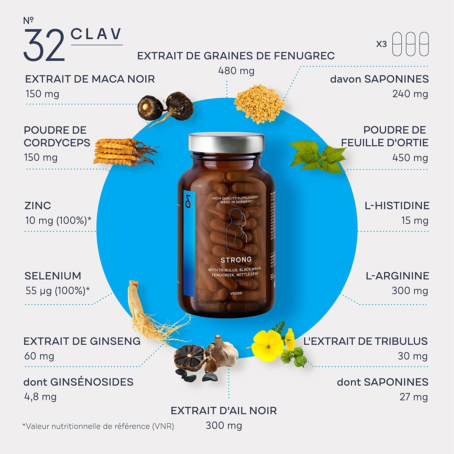 STRONG - Maca Noire Complexe avec Tribulus Terrestris, Codyceps Sinensis, L-Arginine, Ail Noir, Fenugrec, Ginseng, Zinc & Sélénium- 90 Gelules - Testosterone Homme Booster