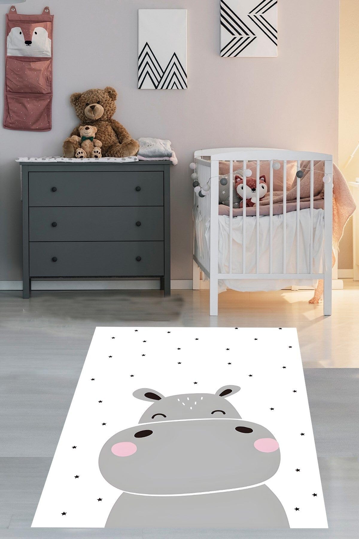 Pelangi Sevimli Hipopotam Su Aygırı Yıldızlı Yıkanabilir Kaymaz Taban Leke Tutmaz Çocuk Odası Halısık, Gri-Beyaz-Siyah 160 x 300, 76420421603001