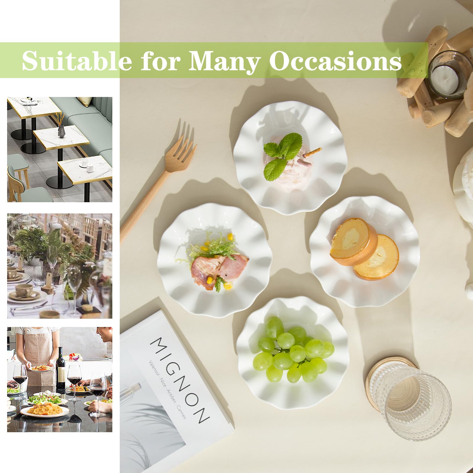 Lot de 18 assiettes en porcelaine de 15,2 cm, petites assiettes à dessert, assiettes à apéritif, service de vaisselle ondulée, passent au micro-ondes, au four et au lave-vaisselle, blanc