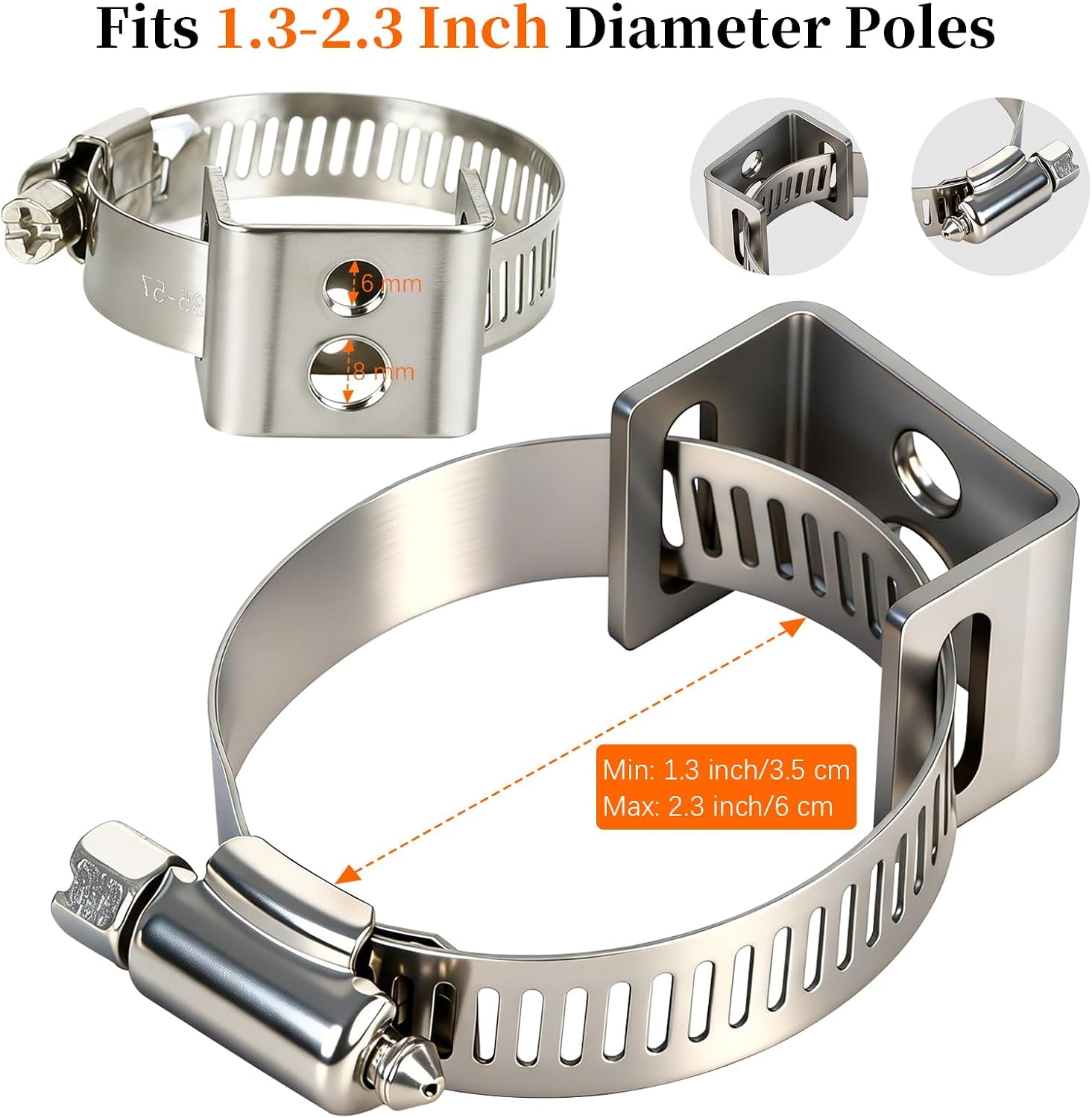 2Pcs Stainless Steel Sign Mounting Brackets for Poles (1.4"-2.3" Diameter), Adjustable Pole Ring Clamps for Street Signs