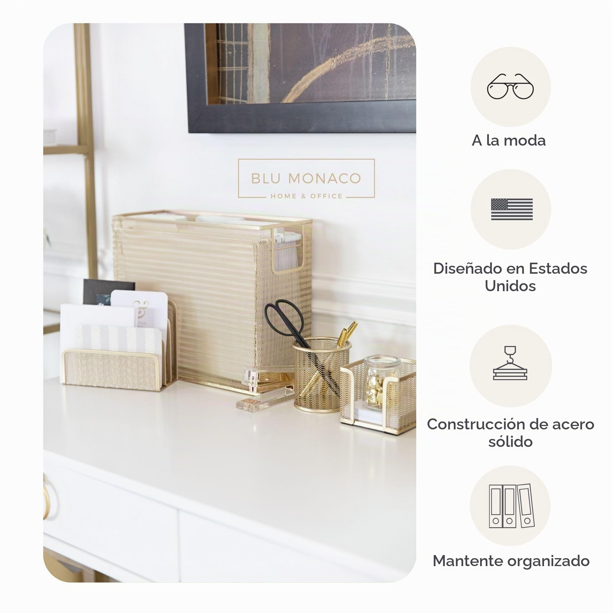 Blu Monaco Juego de 5 Organizadores de Escritorio Dorados para Oficina con Archivos Colgantes, Soporte para Revistas, Bolígrafos y Notas