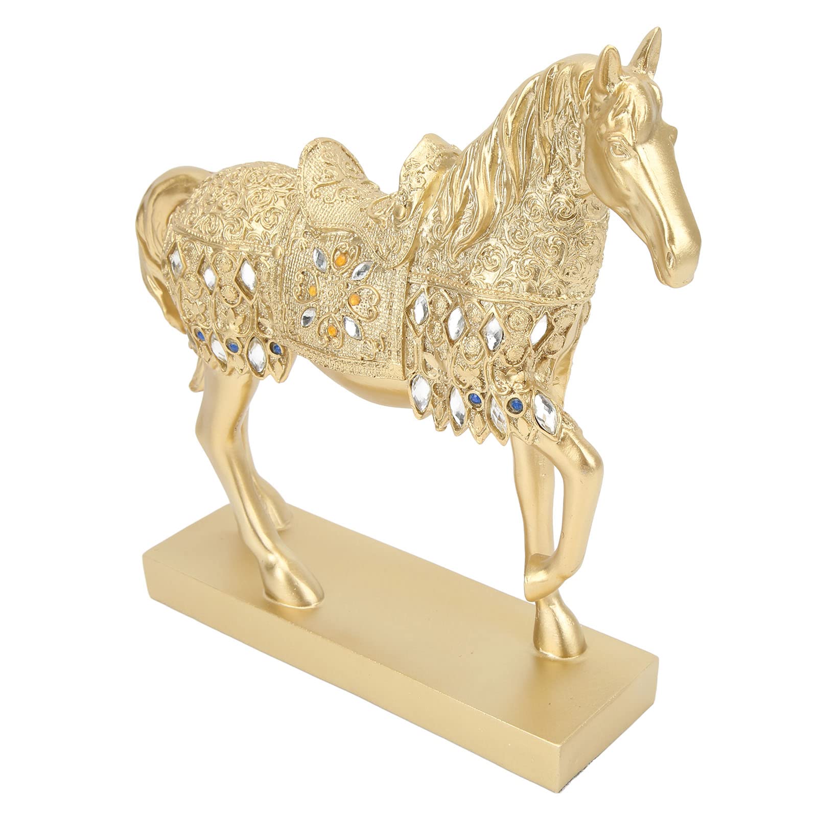 Cryfokt Estatua Dorada de Caballo Que Camina, Decoración Artística de Animales Nobles para Sala de Estar, Elegante Adorno de Resina de 10,35x10,23x2,59 Pulgadas