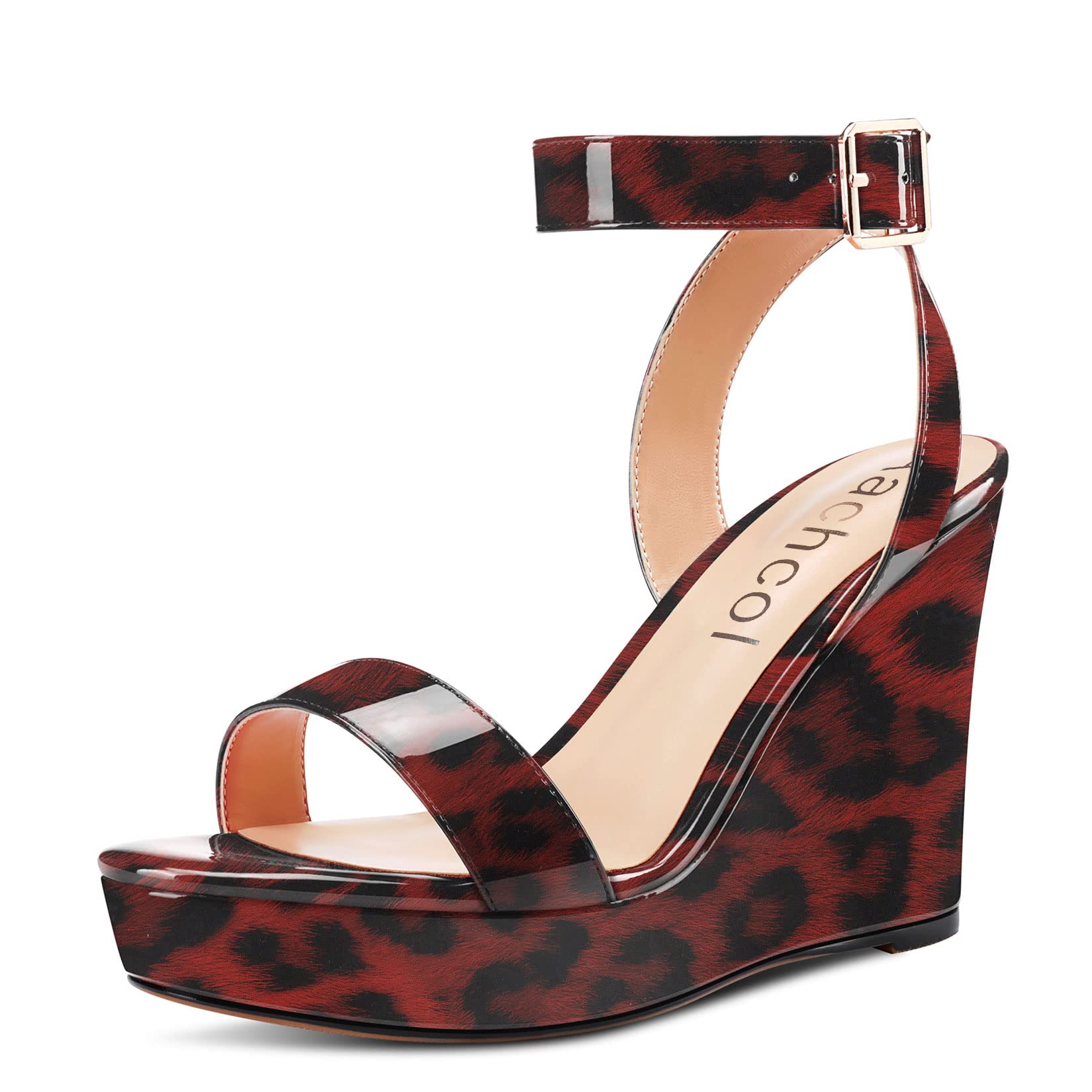 Aachcol Women Platform Wedge Sandals Round Peep Open Toe Ankle Strap Slingback Two-Piece Chunky Block High Heel Dress Shoes Pumps Party Patent 4 Inch