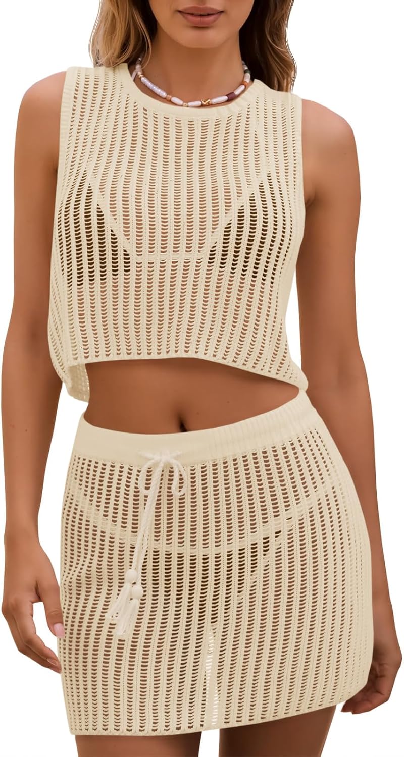 Fisoew Womens 2 Piece Crochet Sets Sleeveless Crop Tops Cover Up Beach Mini Skirt Outfits Vacation Sets