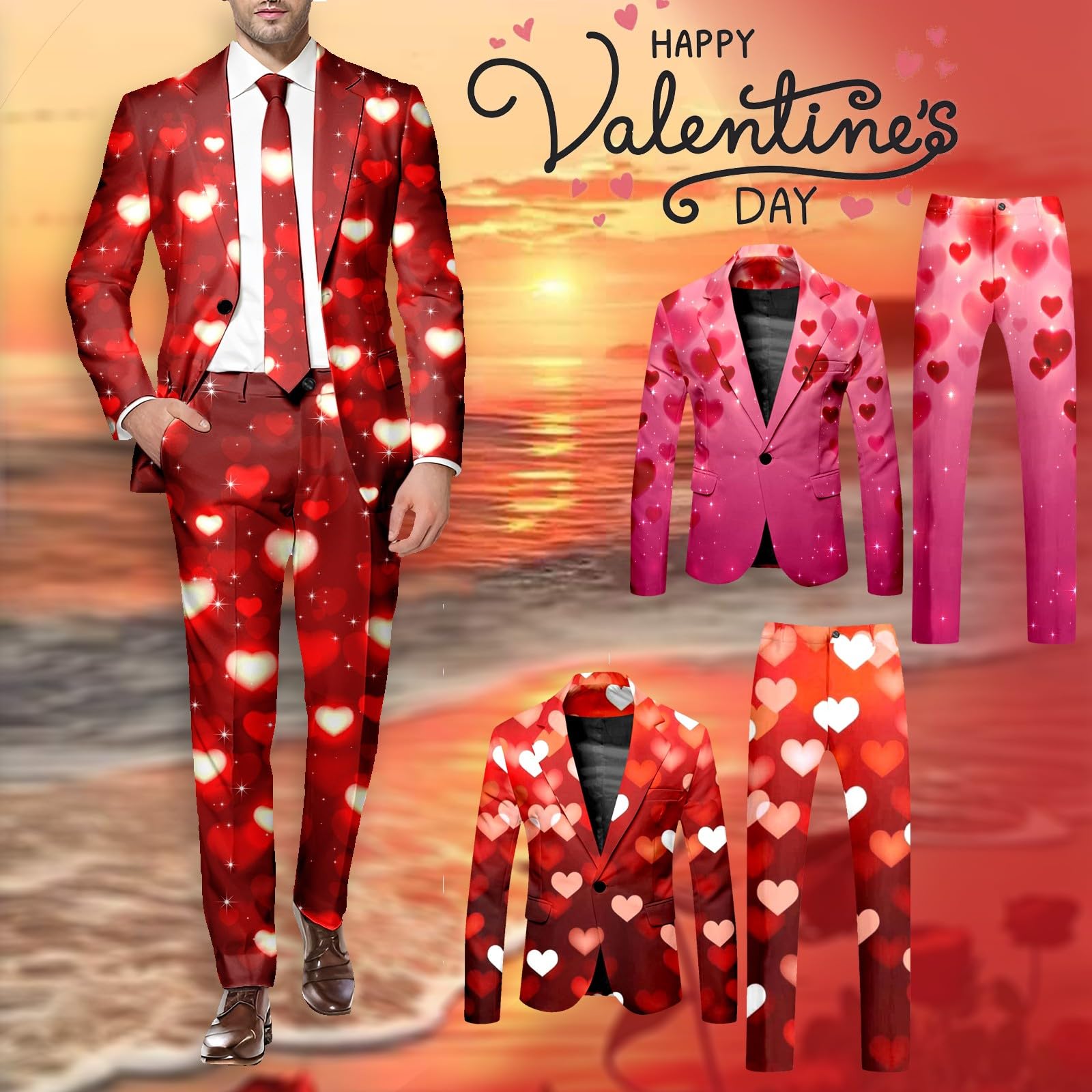 Valentinstag Party Kostüm Herren Blazer 2 Teilige Bedruckte Anzug für Männer Herz/Love Druck Blazer Elegante Jacke mit Hose Slim Fit Anzug für Valentinstag Party Outfits