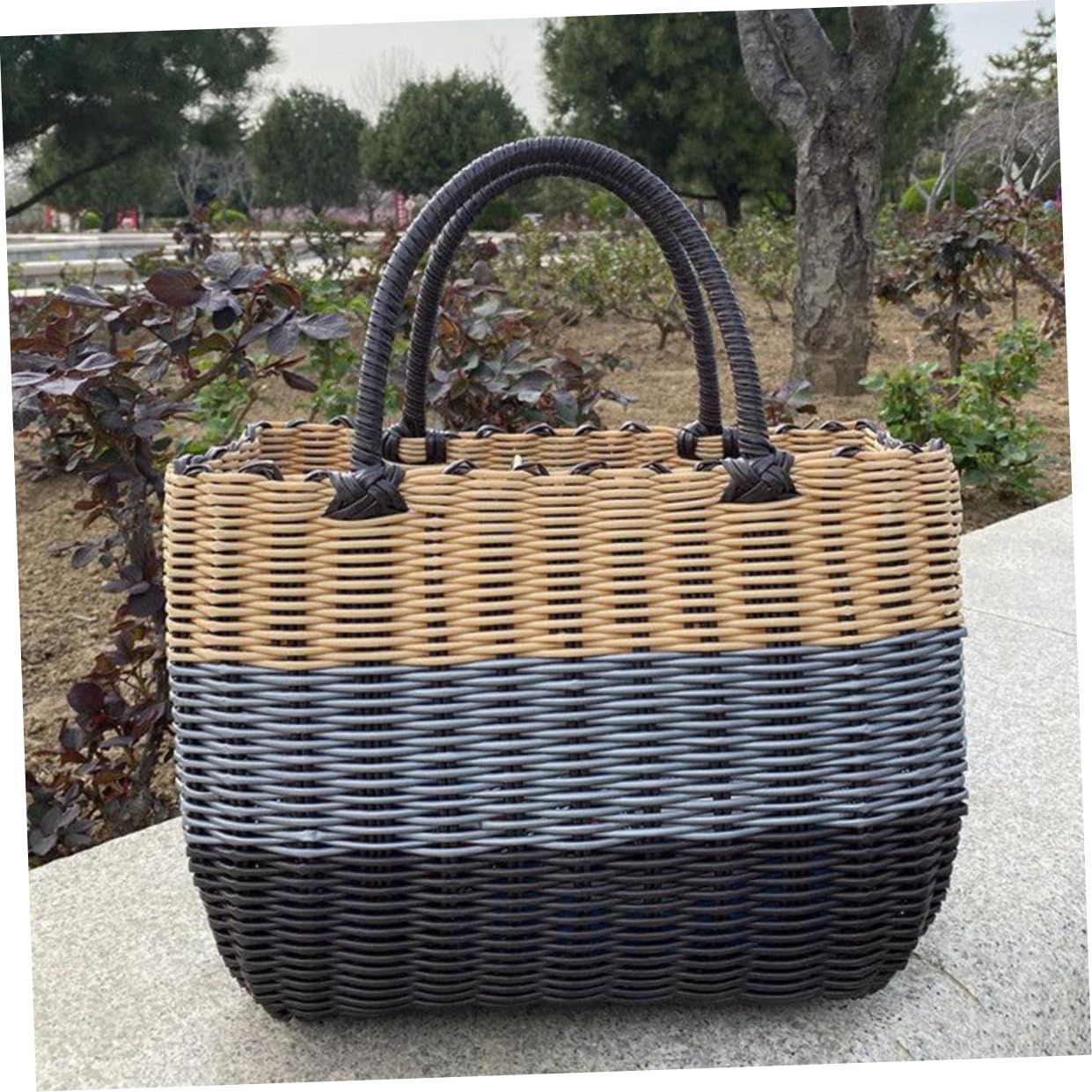 Panier à provisions en plastique avec poignée en plastique tissé Panier de transport Panier de plage Panier de rangement pour légumes, fruits, jouets, pique-, shopping en plein air