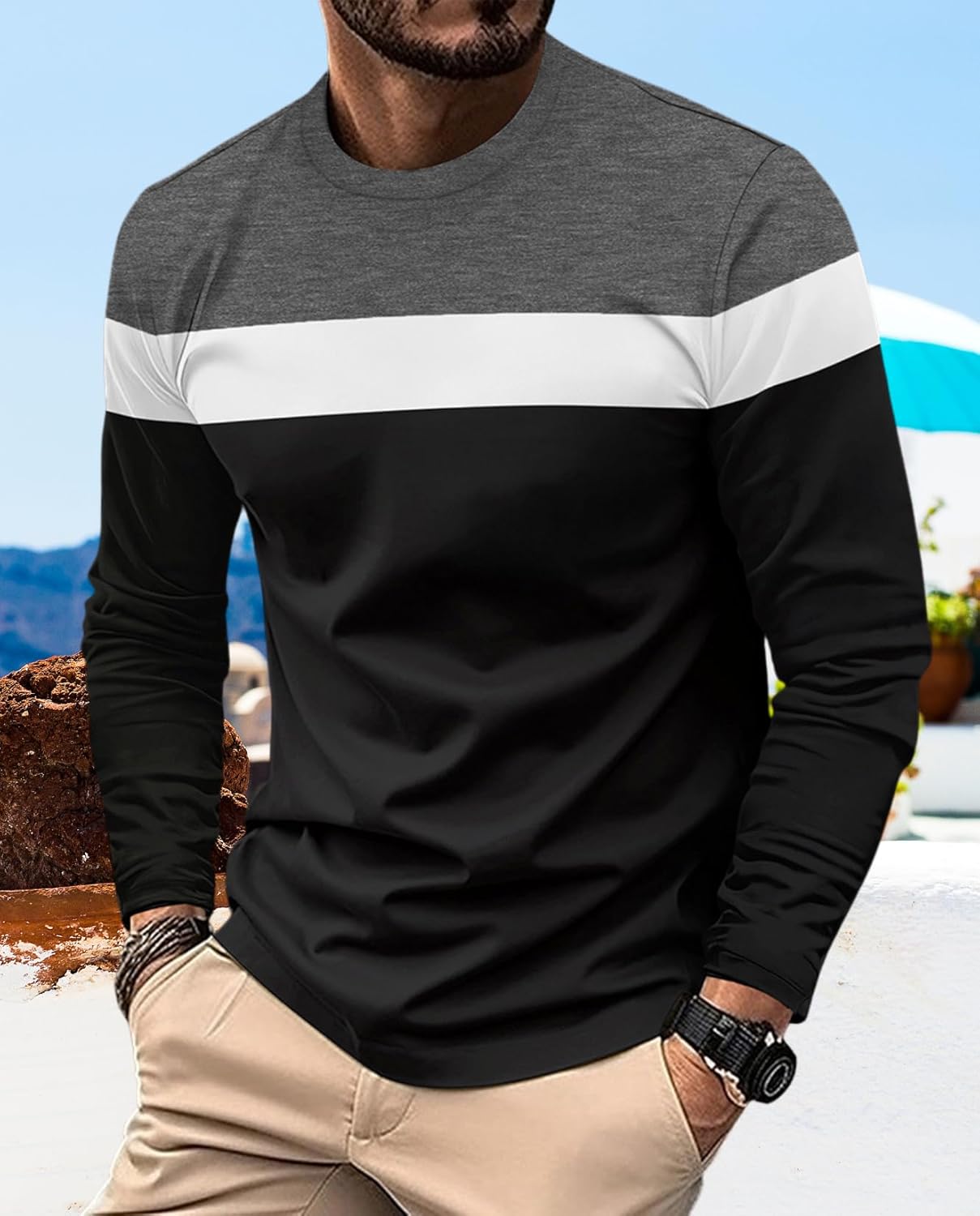 Stylish Mens Long Sleeve Shirt Colorblocked T Shirt and Casual Fall and Winter Fashion Easy Crew Neck Pullover - Image 4