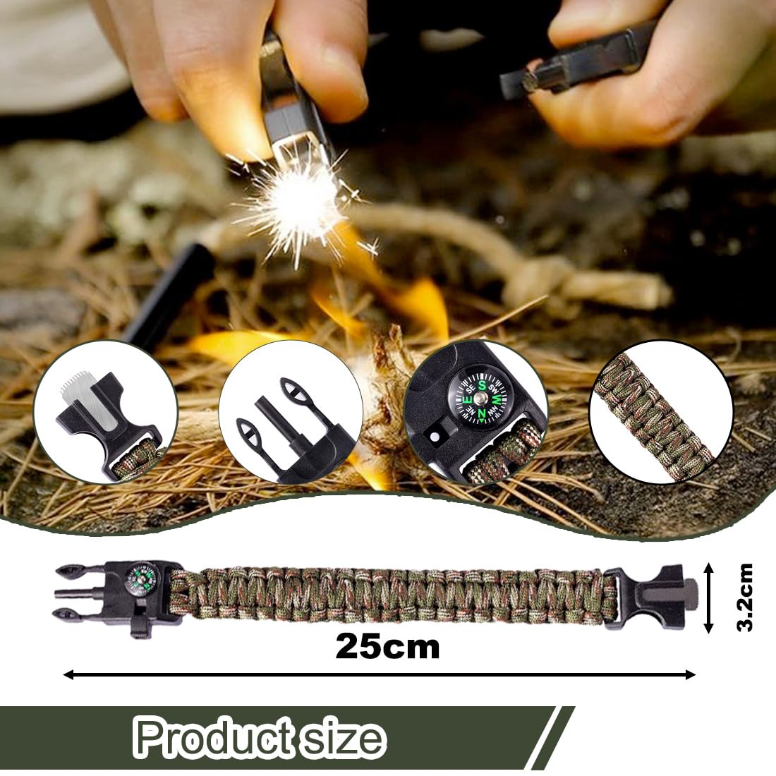 JYNVOCinturón de cuerda de supervivencia de 5 piezas, pulsera multifuncional 5 en 1 con pedernal, brújula, cuerda de paracaídas, silbato, cuchilla, línea de vida de 7 núcleos