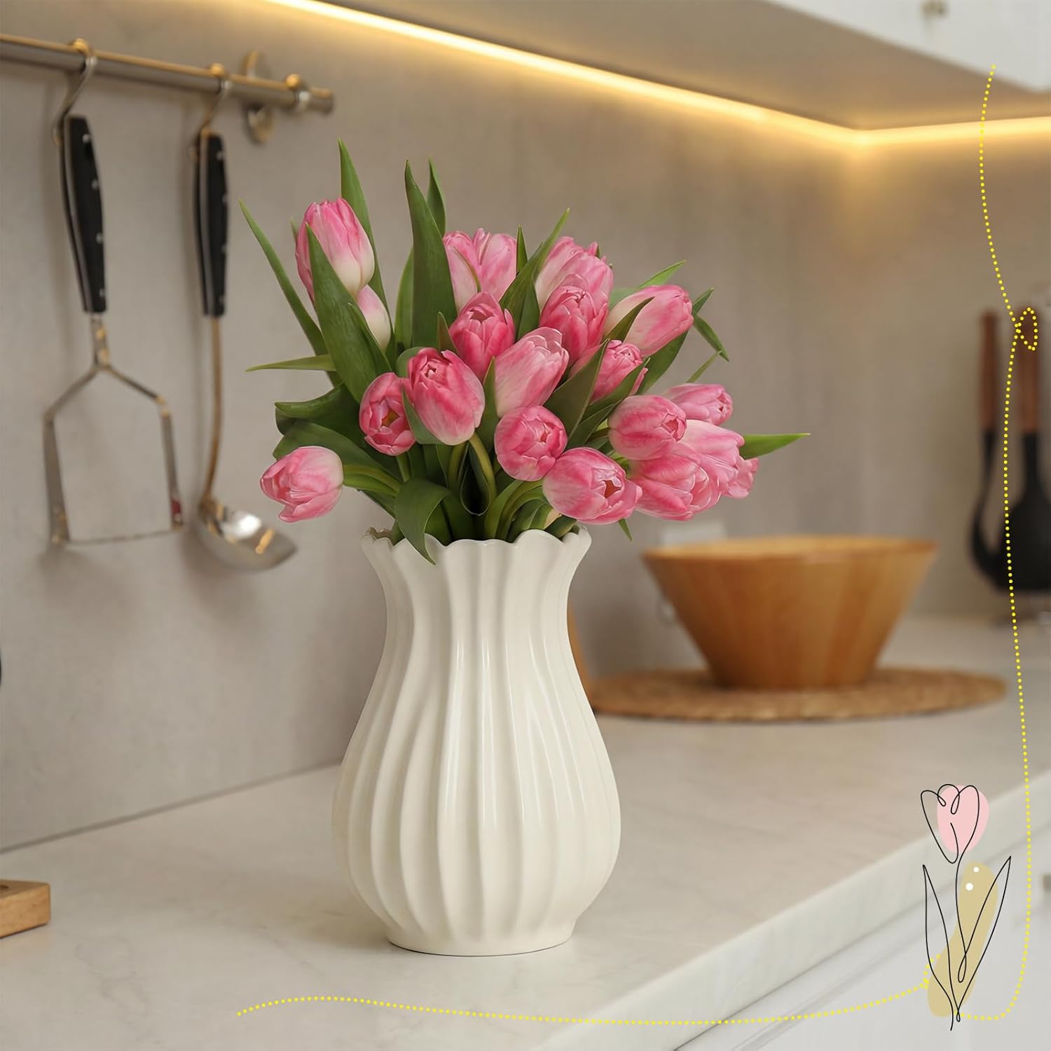 Qinyoung 1 Pack White Vintage Pleated Ceramic Vase Sour Cream Stylish Decorative Flower Vase for Bouquet Living Room Cabinet Table Centerpieces Wedding (9 x 7.32 Inches)