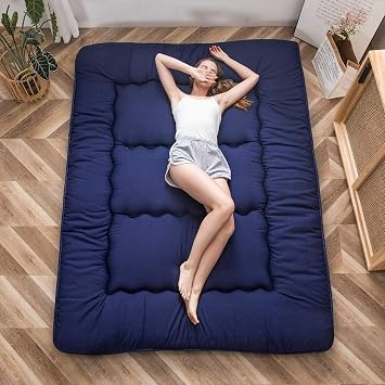 MAXYOYO Japanese Floor Mattress Futon Mattress, Thicken Tatami Mat Sleeping Pad Foldable Roll Up Mattress Boys Girls Dormitory Mattress Pad Kids Floor Lounger Cushion, Navy, Queen