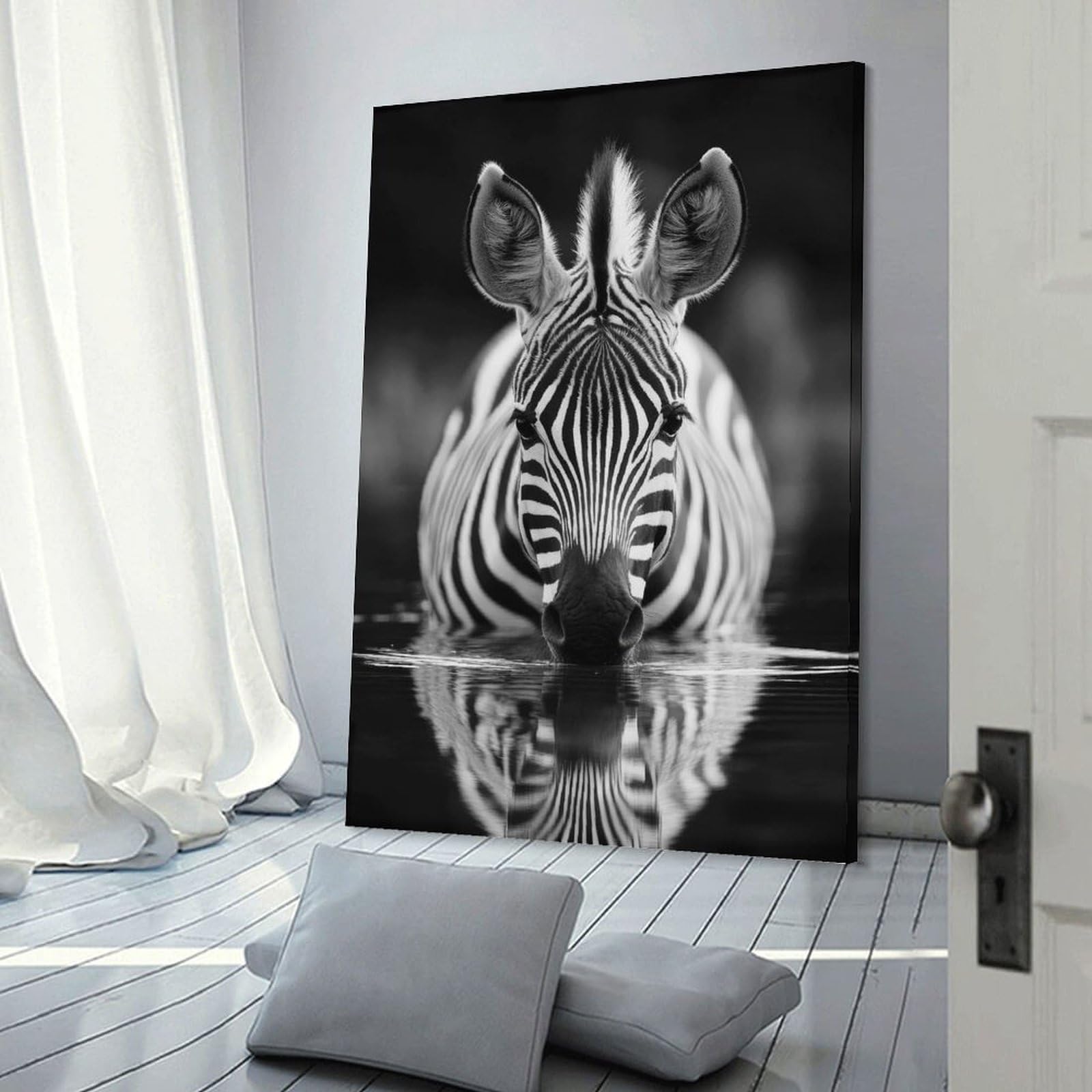 Junmoney Frame-Style-4 Wall Picture Print Zebra Drinking Water, 24X36inch(60X90cm), For Contemporary Homes, Apartments Or Offices, Decorative Canvas Decor For Home Updates