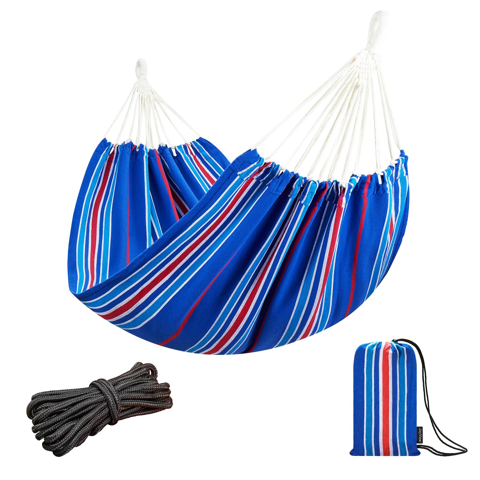 JoyView Brasilianische Hängematte für Einzelperson, tragbare Baumwoll-Hängematte mit Seilen zum Aufhängen und Tragetasche, 200 x 100 cm, 136 kg Kapazität, perfekt für drinnen und draußen, blaue