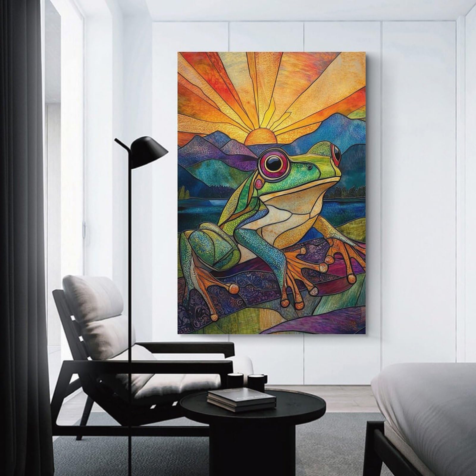 Junmoney Canvas Wall Decor Stained Glass Frog Sunset, 24x36inch(60x90cm), for Bedroom Decor, Cosy Corners Or Studios, Decorative Wall Art for Cosy Rooms
