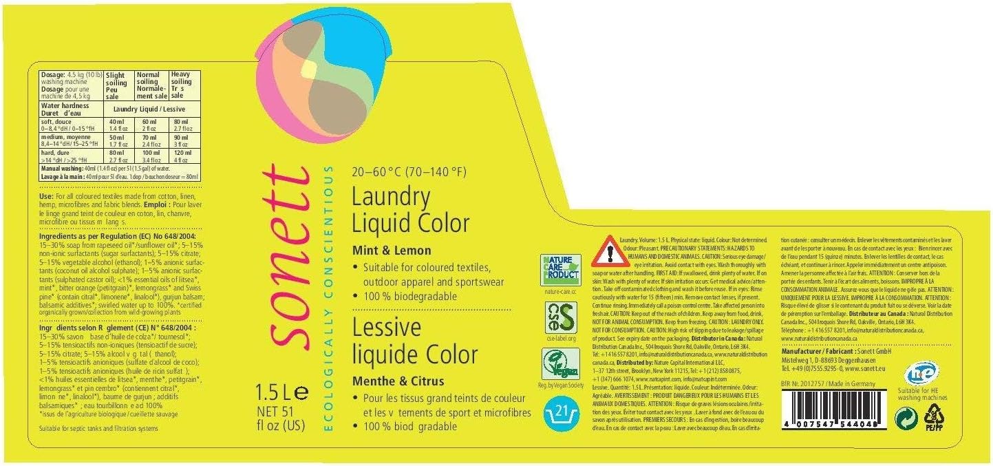 Sonett Organic Laundry Liquid Detergents, Mint & Lemon (Pack of 6) for all colored textiles Certified Organically Grown