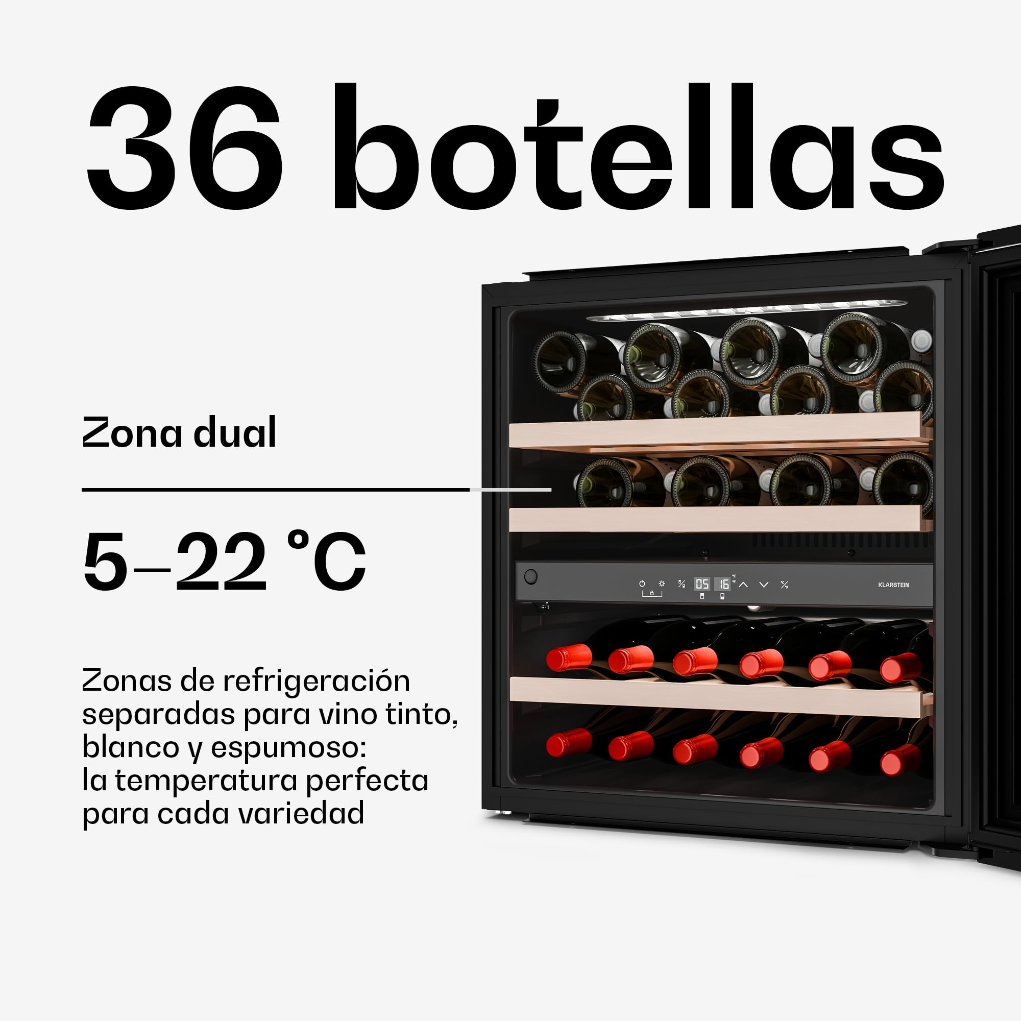 Klarstein Velaire Vinoteca 2 Zonas - 36 Botellas, Empotrable, 5-22°C, Control Táctil, LED, Estantes de Madera, Puerta UV, 41 dB, Nevera Vinos, Cava Vino