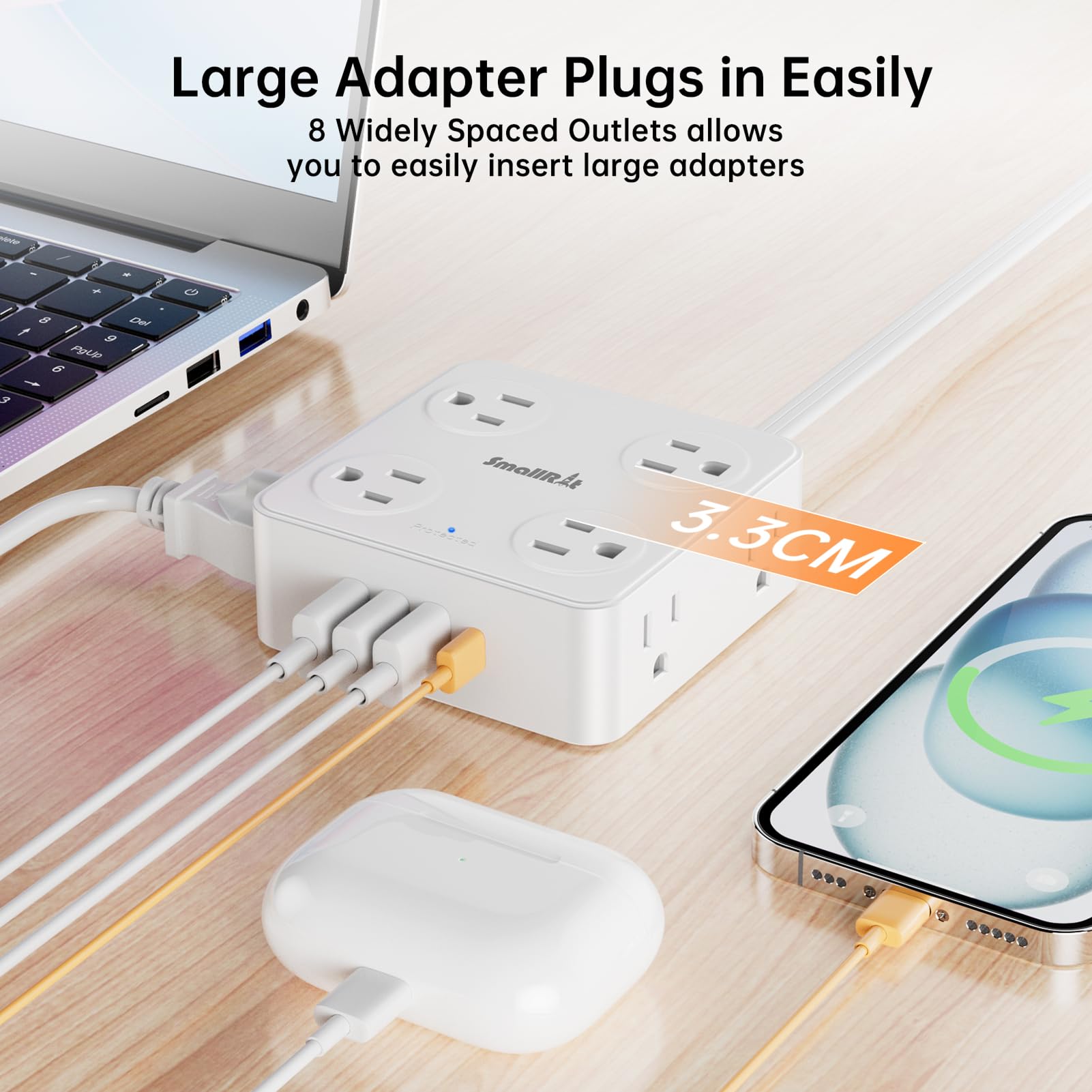 SMALLRT Bloc d'alimentation avec parasurtenseur 4 prises, 3 ports USB, prise plate pour bureau à domicile, blanc, 1,8 m