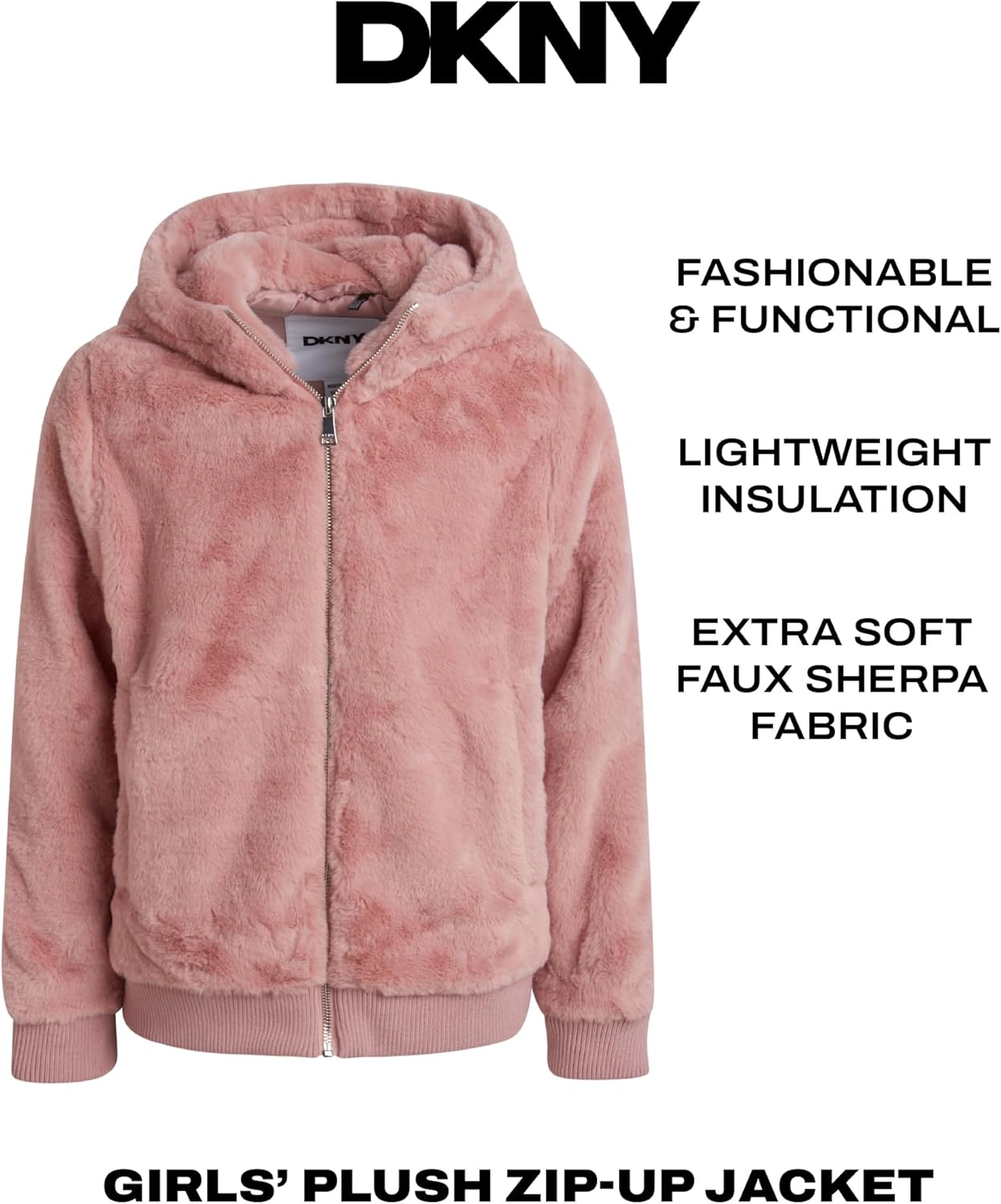 DKNY Girls Fleece Jacket - Lightweight Soft Faux Fur Sherpa Plush Zip Up Winter Coat - Hooded Fleece Bomber Jacket for Girls - Image 3