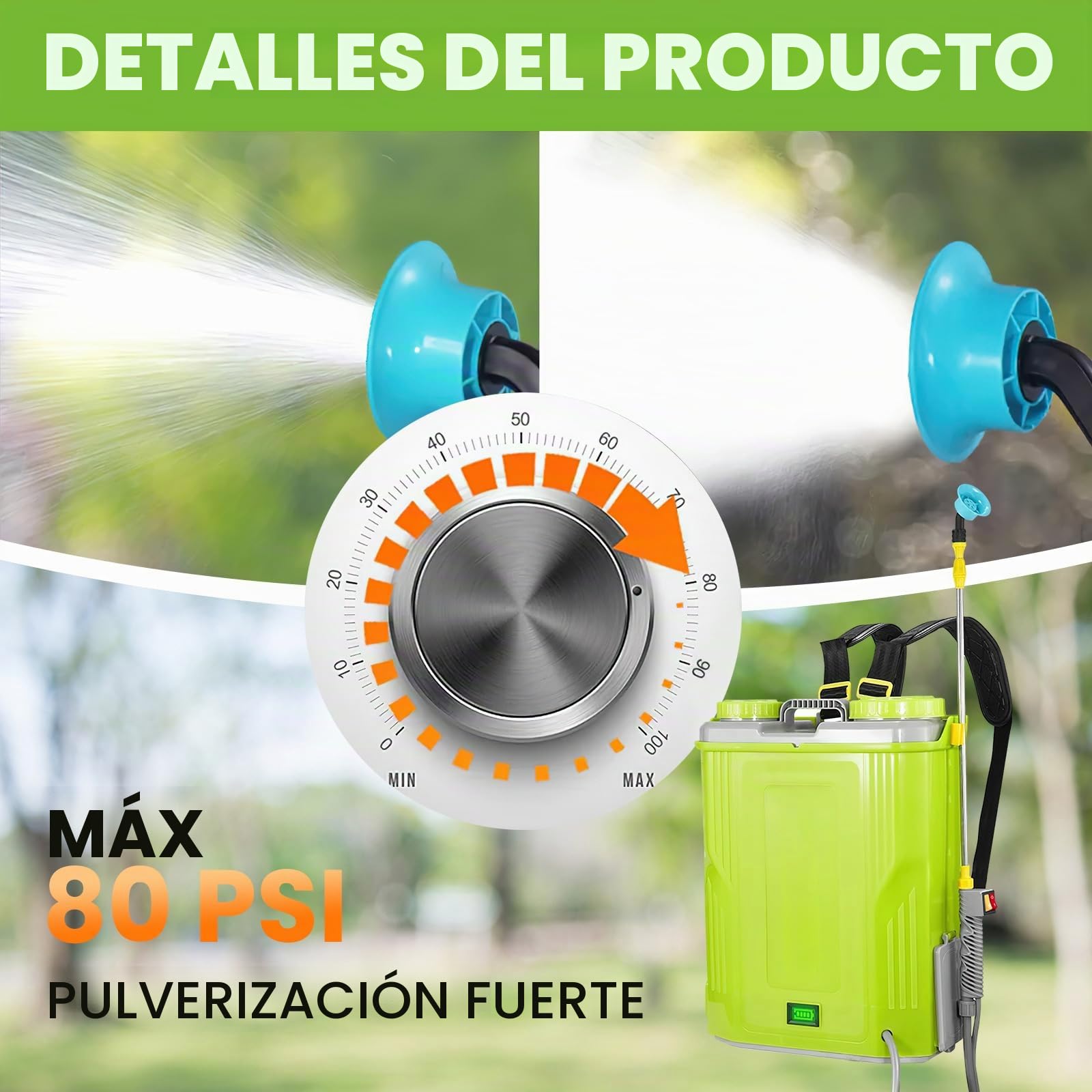 Pulverizador eléctrico de jardín de 20 L, pulverizador para techos con 2 baterías, lanza telescópica y 5 boquillas, presión hasta 80 PSI, para antiespumas de techo y riego de plantas.