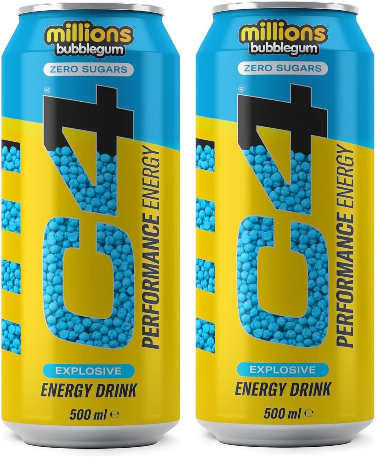 C4 Millions Performance Energy Drink Bubblegum Flavor Zero Sugar, Exclusive 2 Can X 500ml (From United Kingdom)